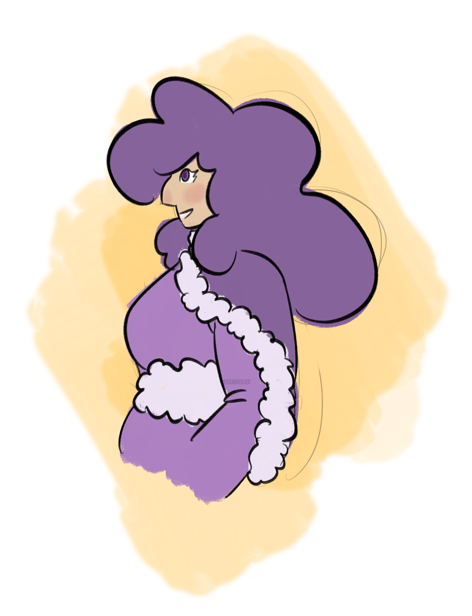 A profile view of Bevalia, a woman with light brown skin, purple hair and eyes, and a prominent nose. She is smiling. The background is a gold splash.