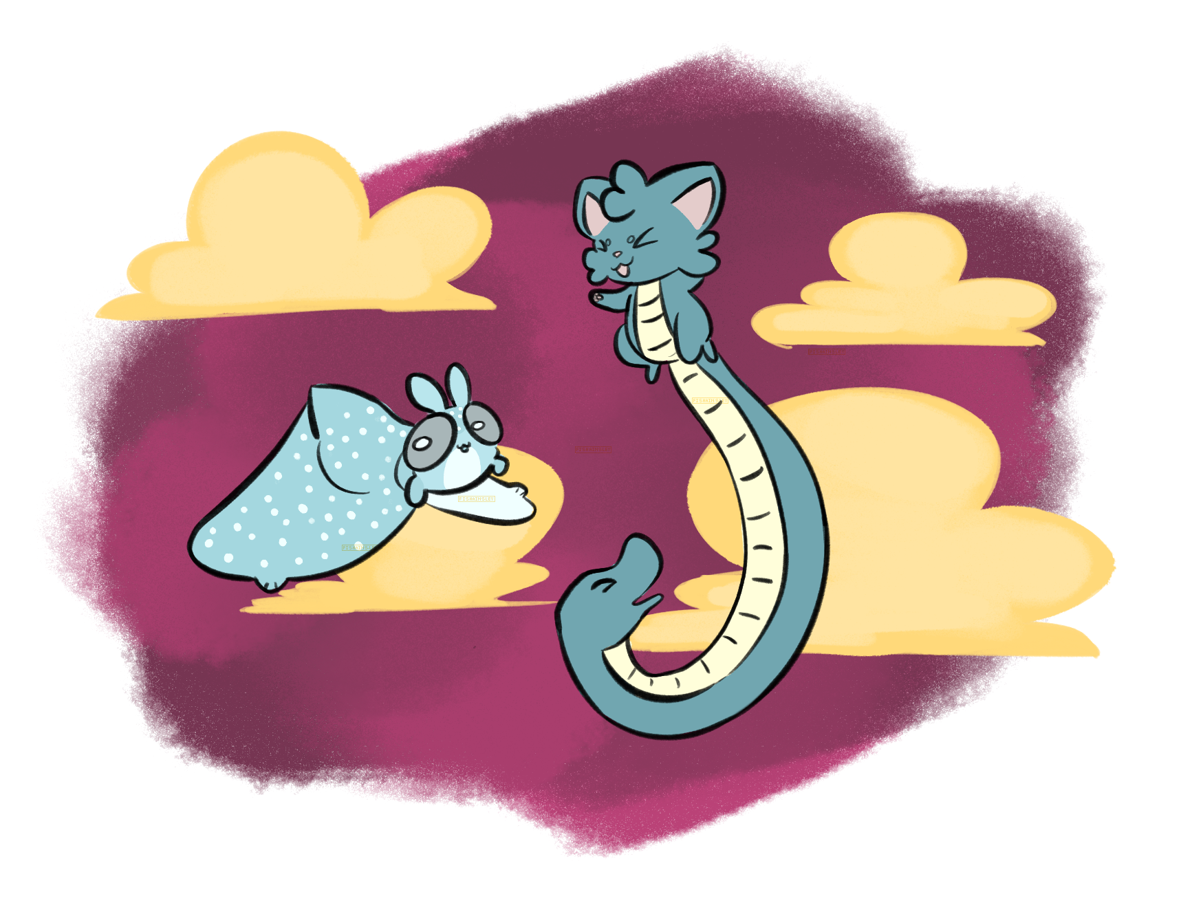 a small manta ray-like creature and a tiny cat with a large snake tail floating in a purple sky with yellow clouds.