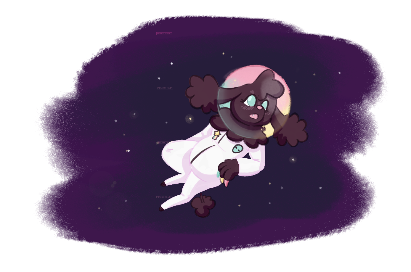 a dark poodle in a white spacesuit  looking confused in space