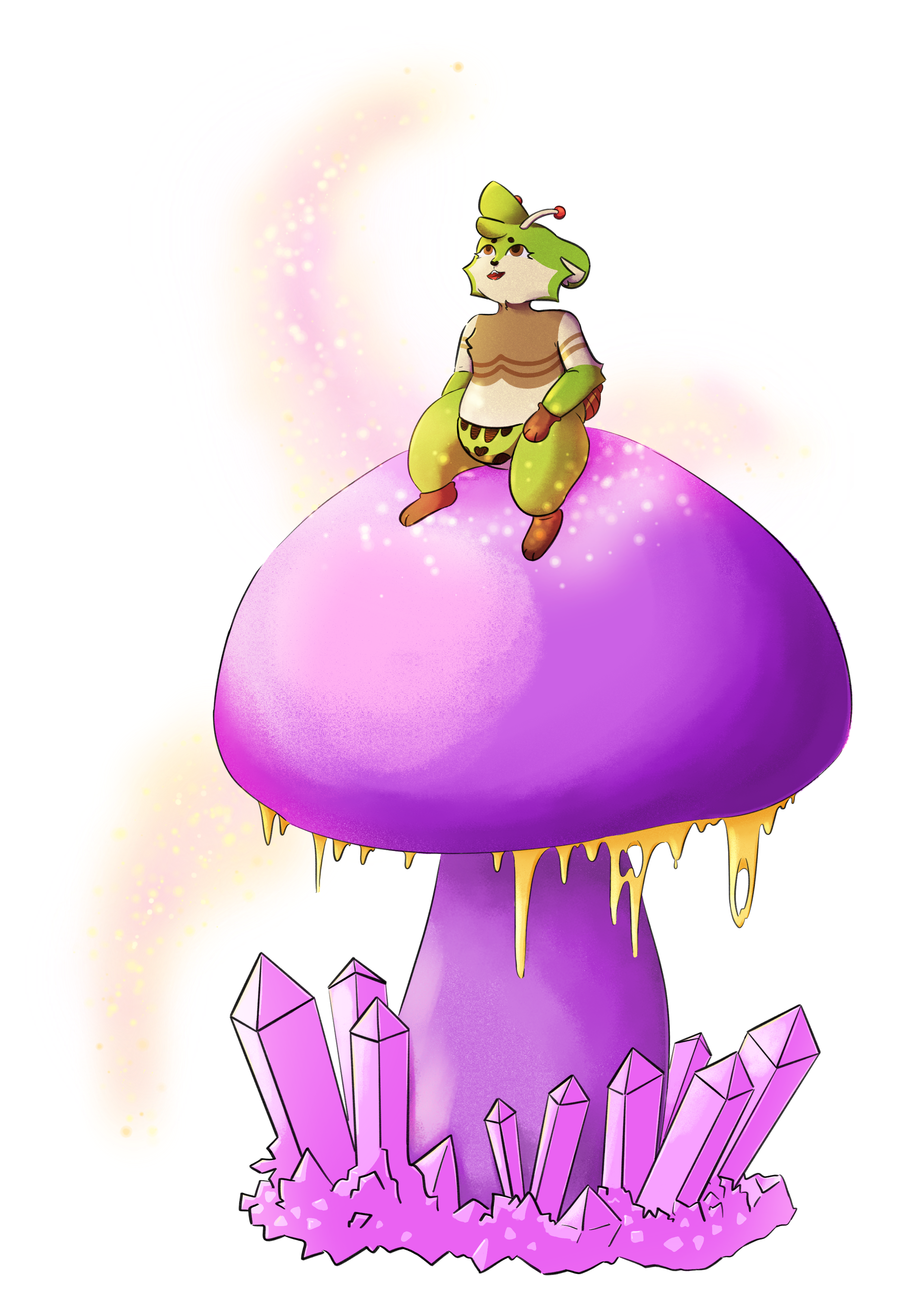 tibby sitting on a giant pink mushroom, watching golden spores float through the air