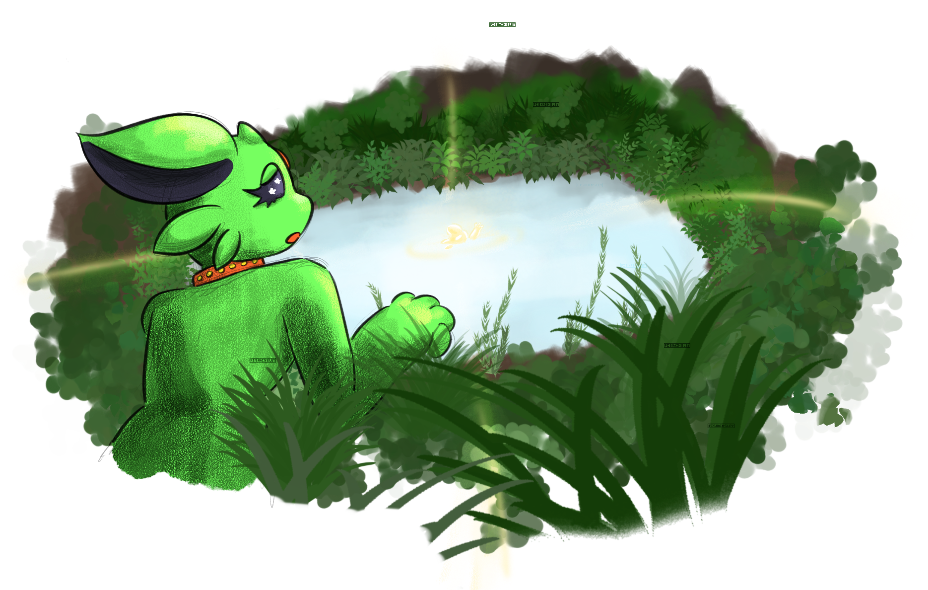 a shiny espeon themed onini looking upon a creature coming out of a glowing lake