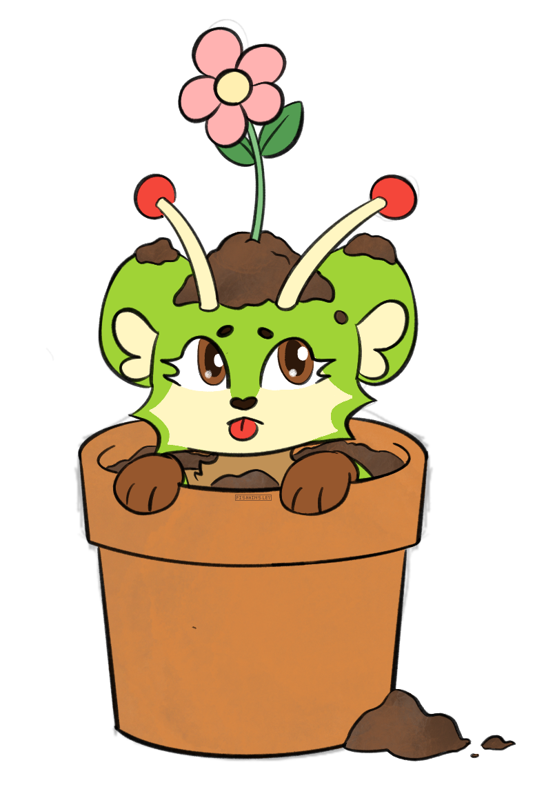 tibby popping out of a flowerpot, a flower and soil on his head.