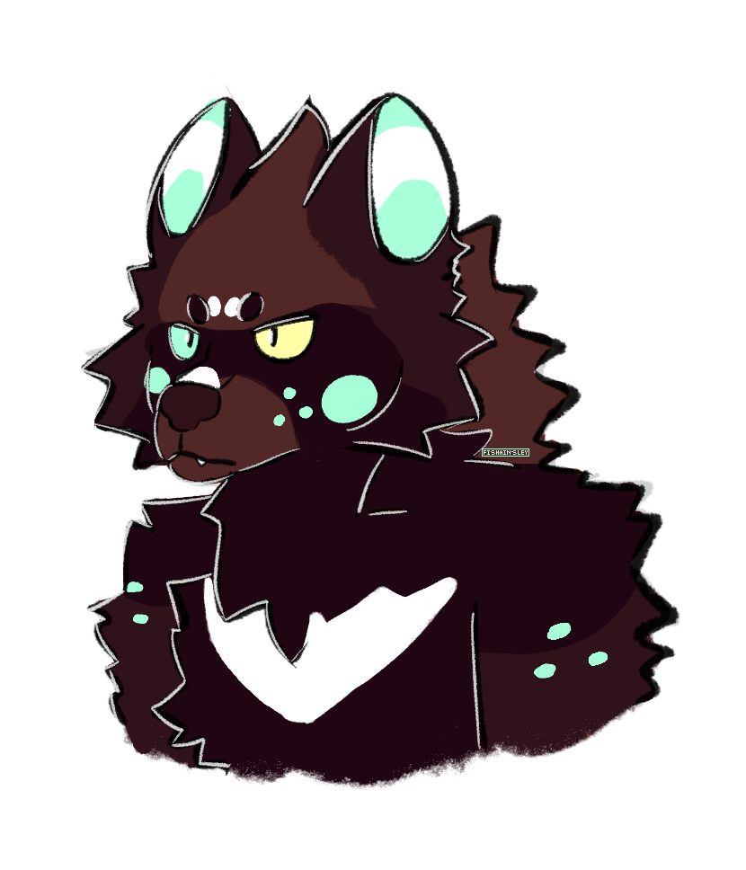 a bust of a brown anthro tanuki with green inner ears and eyes.