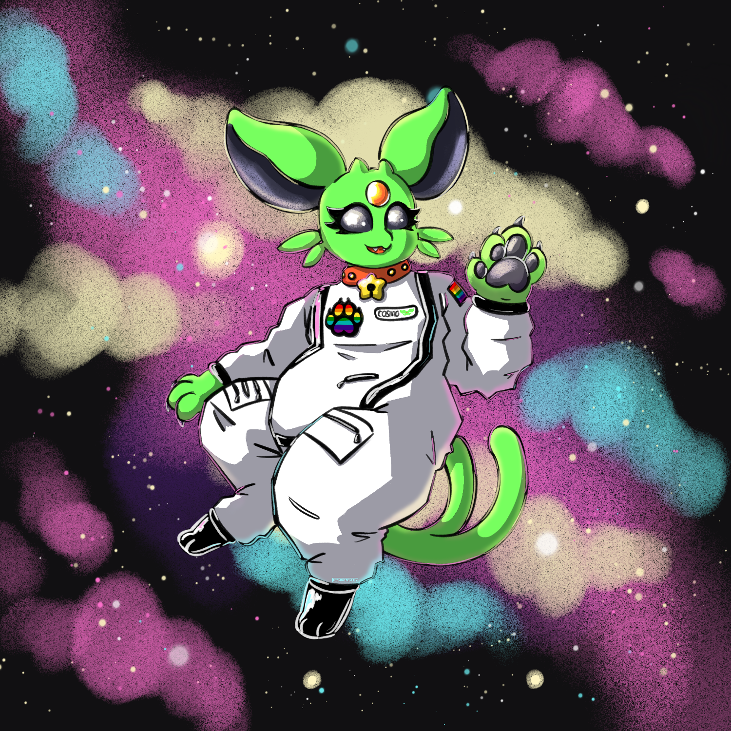 a drawing of Cosmo, an anthro shiny espeon, wearing a spacesuit. they are floating in space and appear to be waving at the viewer.