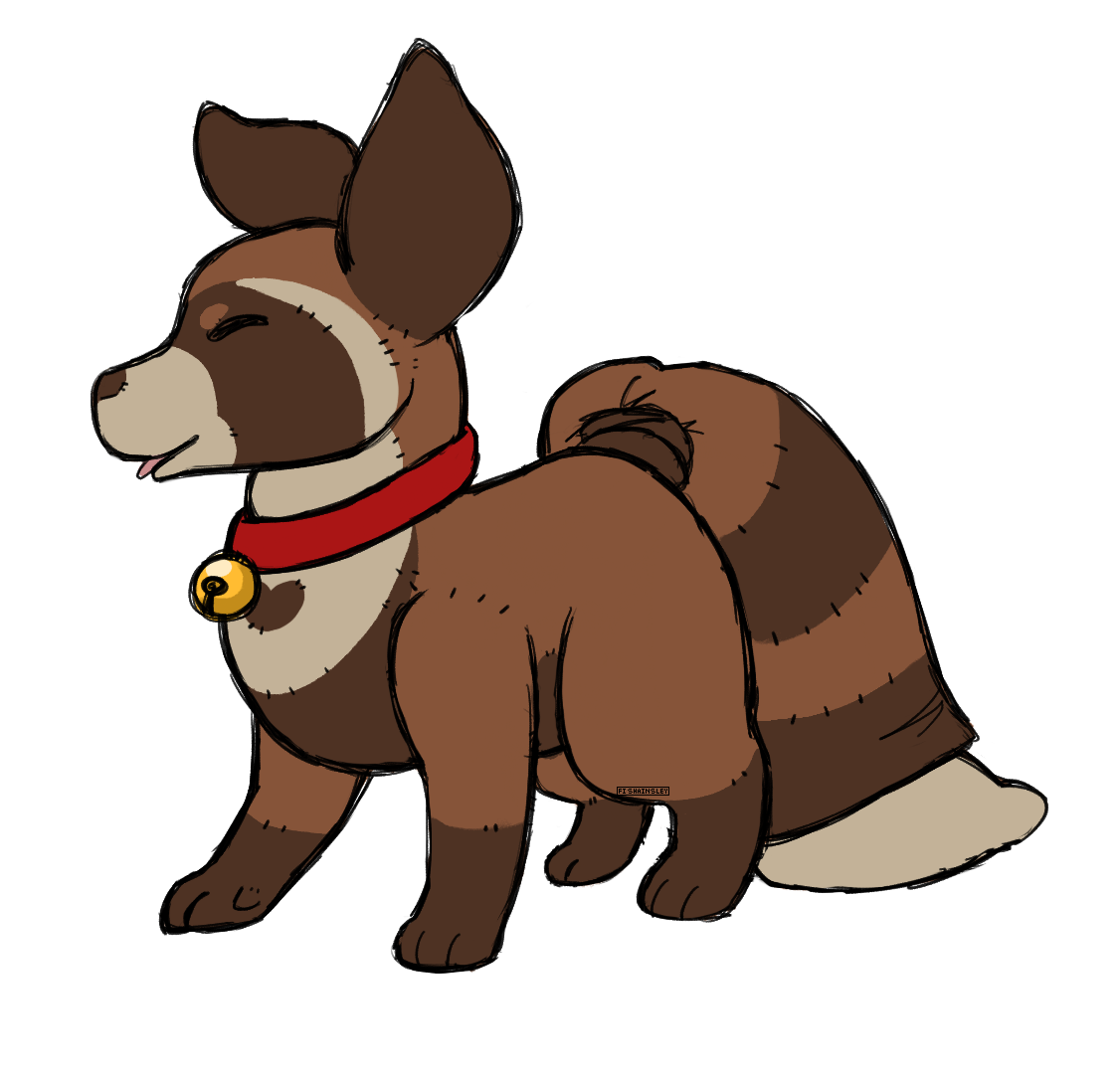 A plush fox like creature with tanuki markings, wearing a red bell collar