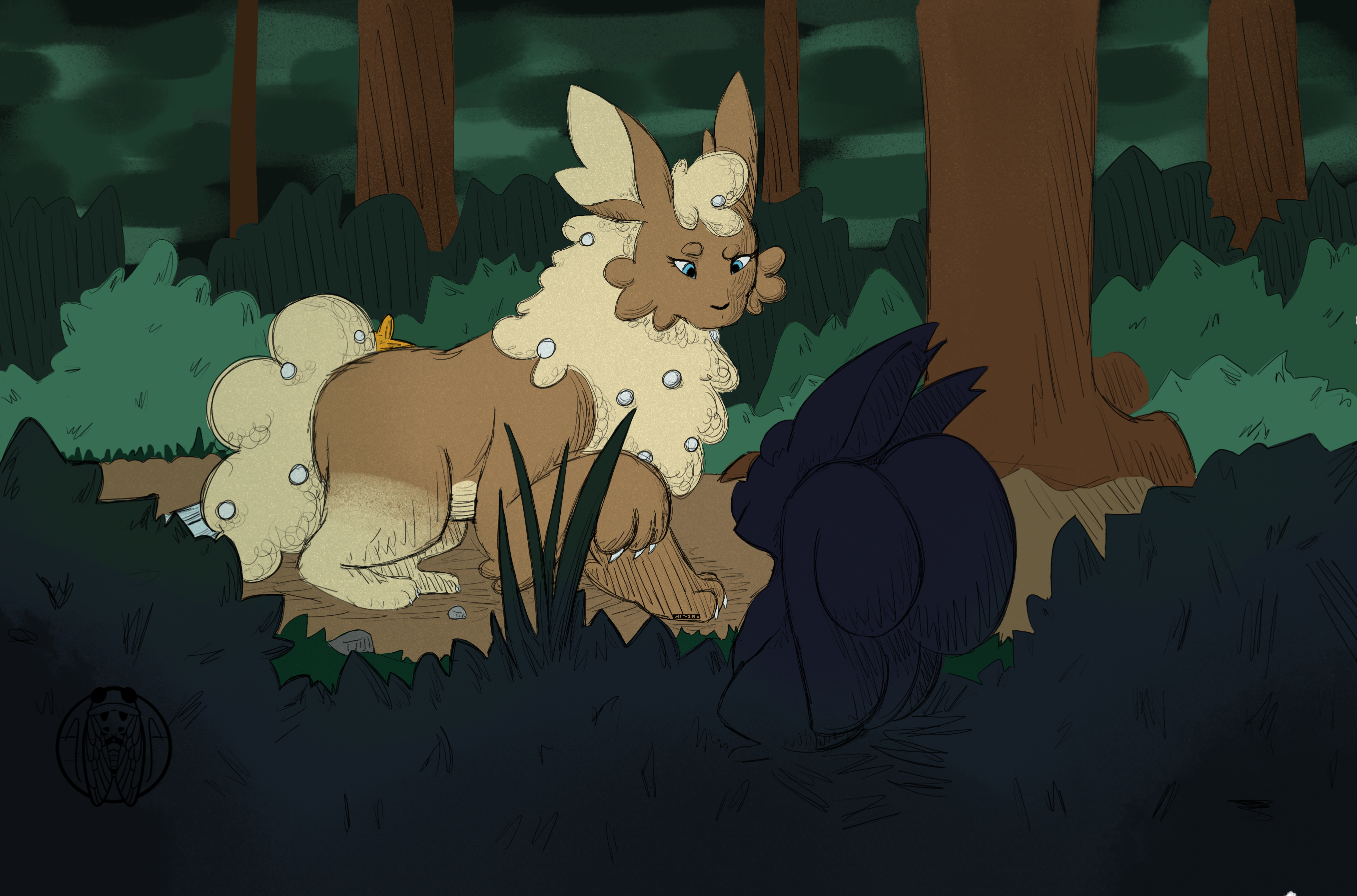 A bunny looks confusedly at the sillouette of a squirrel-like creature