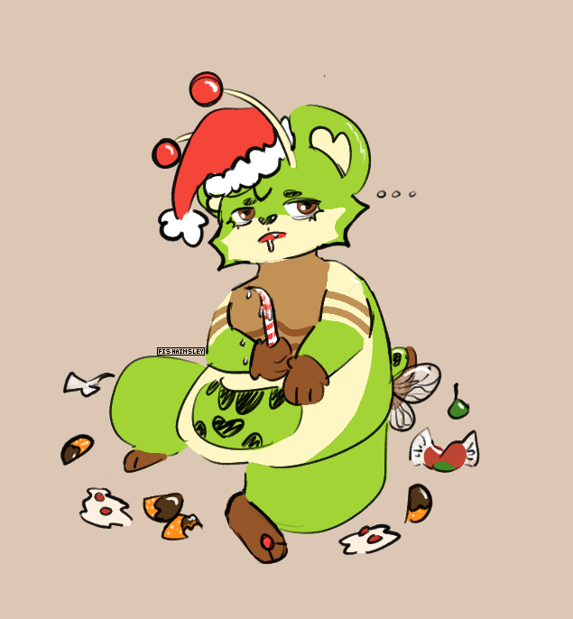 A cicada-ferret hybrid looking ill, surrounded by half eaten candy.