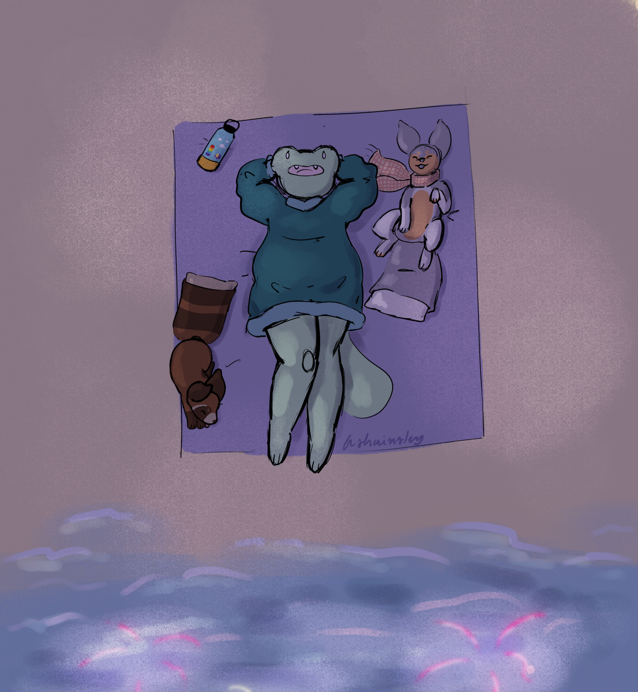 agatha and two pillowings chilling on a beach, watching a fireworks show