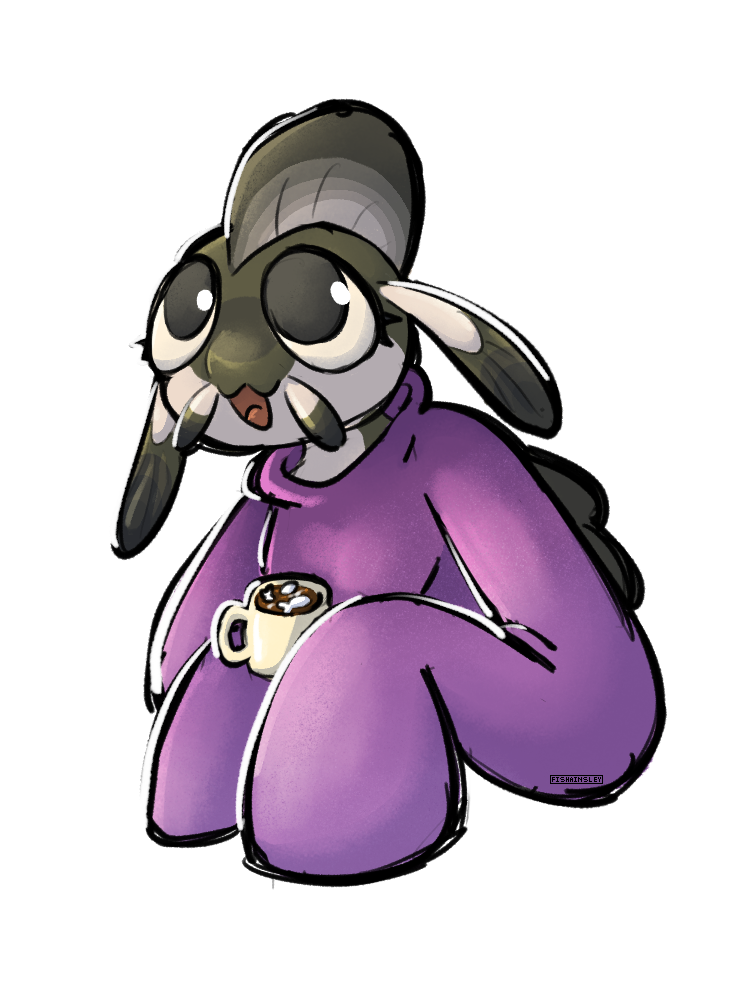 An image of an anthro catfish wearing a purple sweater and holding a hot drink.
