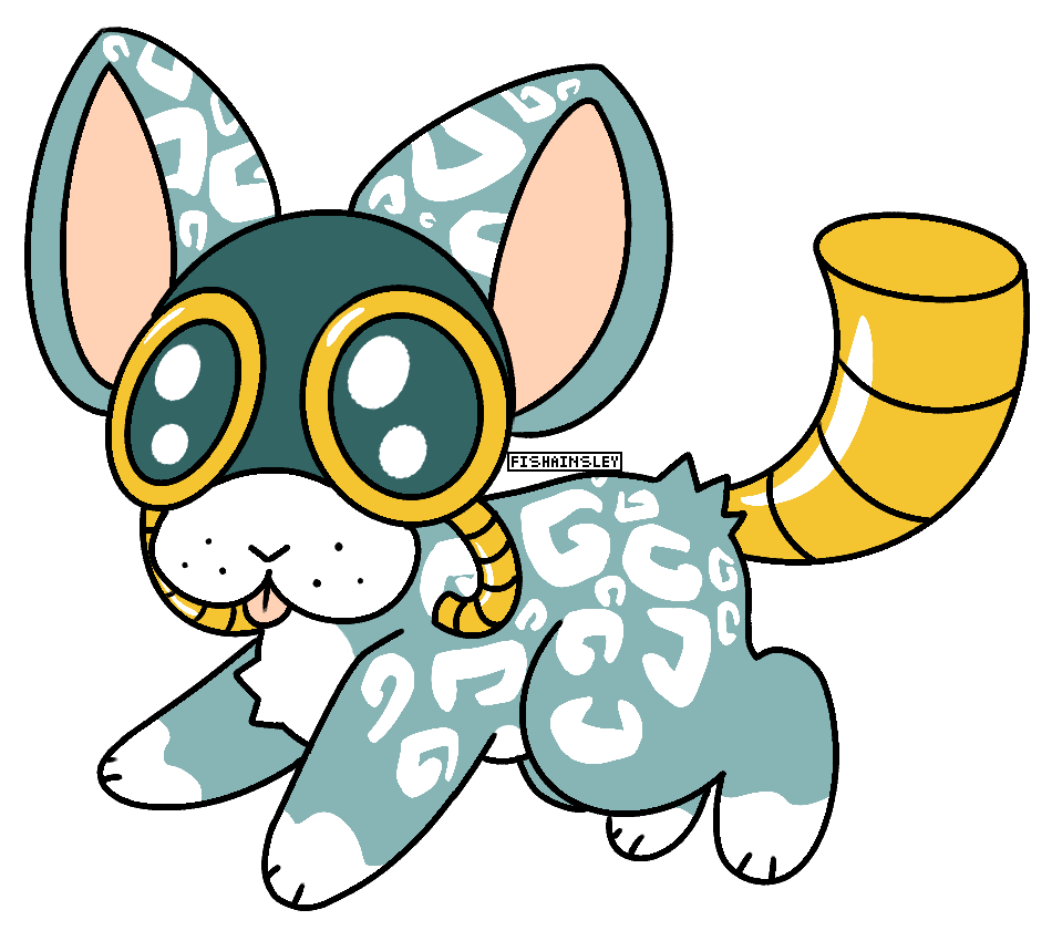 a blue cat with a gas mask face and a tube tail