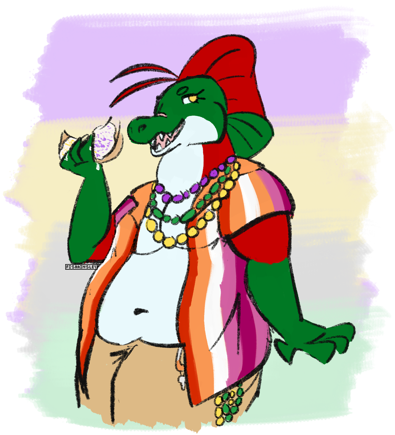 A drawing of an anthropomorphic salmon. She is wearing a fully unbuttoned lesbian flag shirt, cargo shorts, a carabiner, and Mardi Gras beads. She is holdng a piece of king cake.