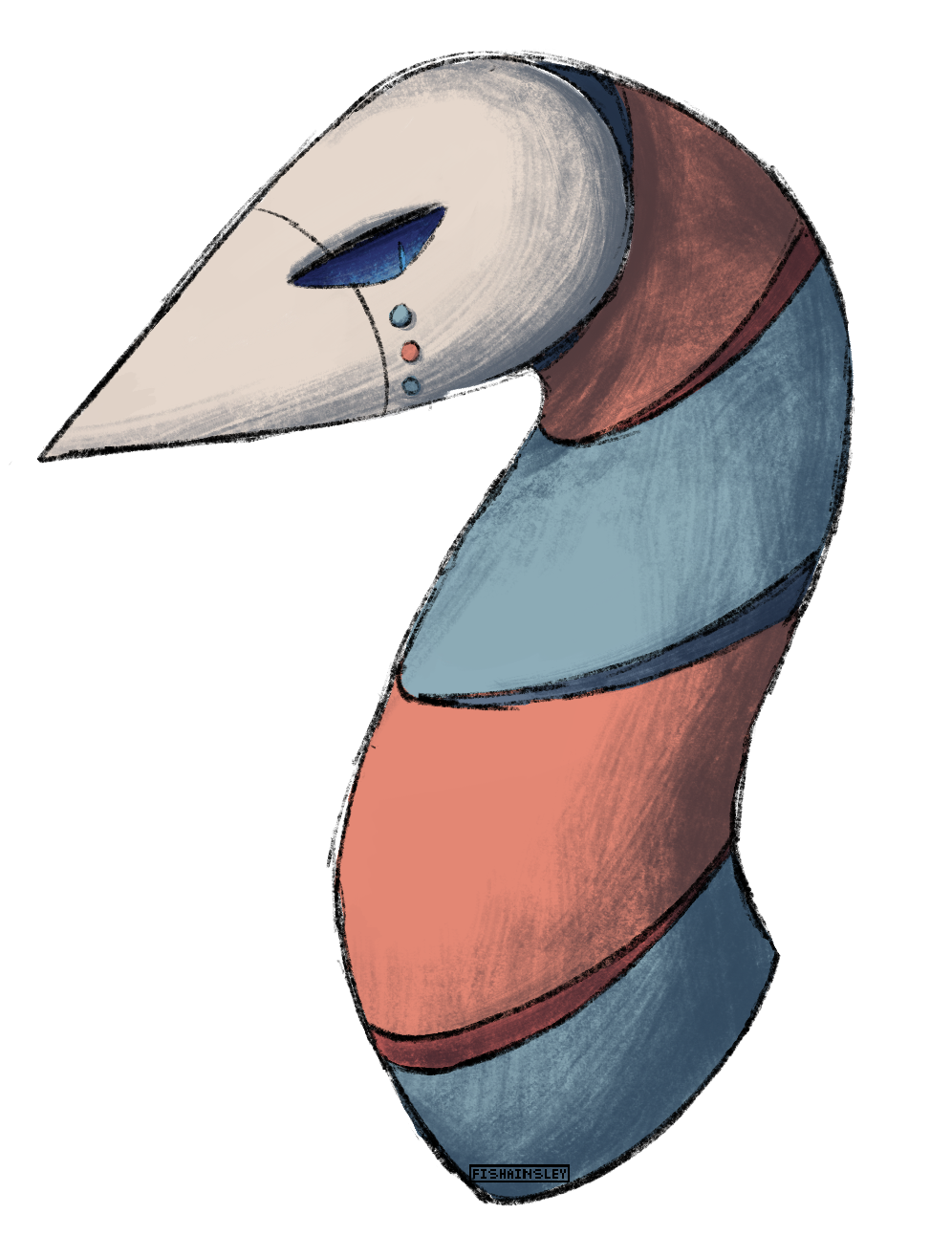 a drawing of an amicabot with a white nosecone face, blue eyes, and a red and blue striped neck.