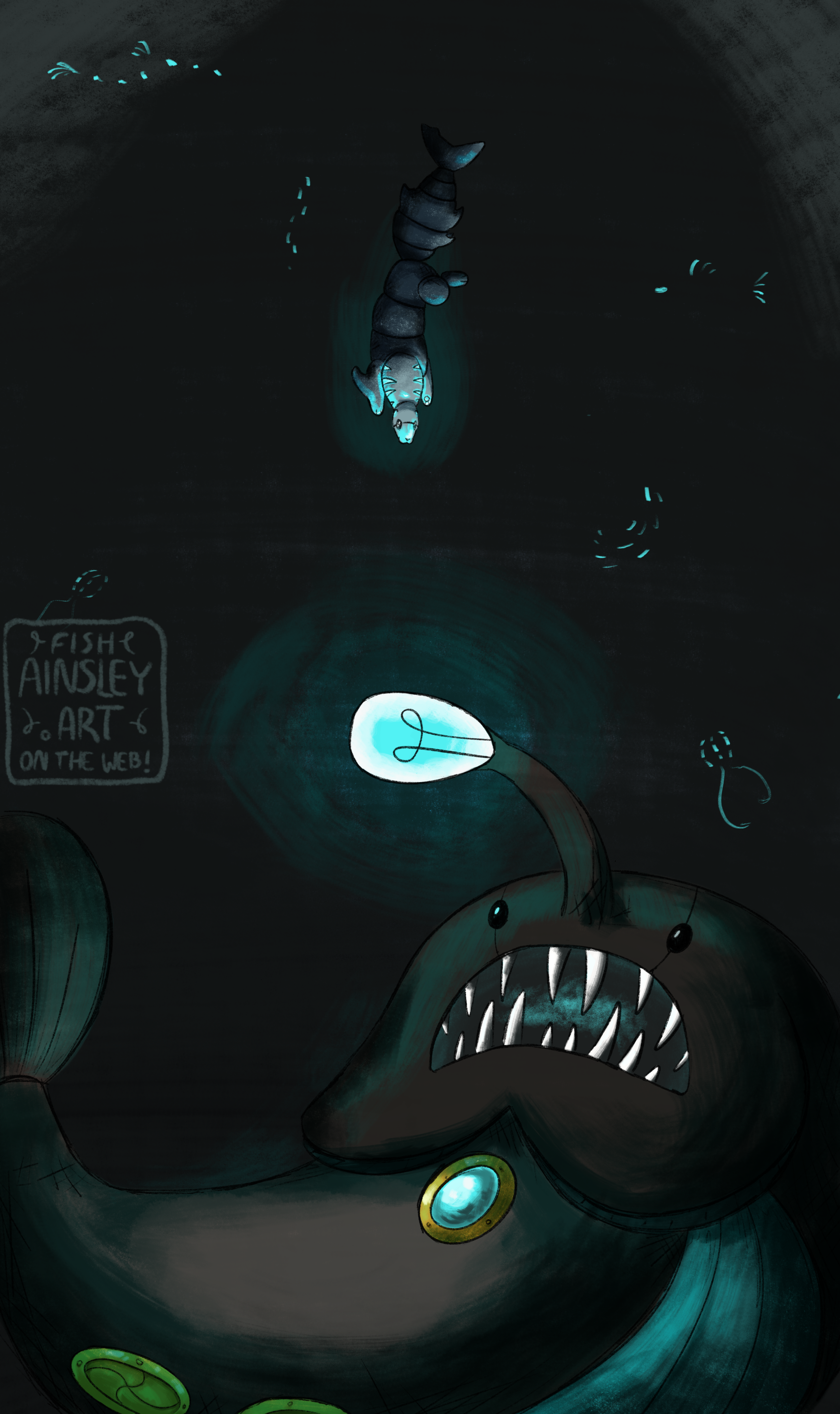 Lamna, an otter-like amicabot, descends into the deep sea. Surrounding it are many glowing fish and ctenophores, It swims towards the glowing lure of the enormous anglerfish bot Esca. The scene has a dark, ominous feeling about it.