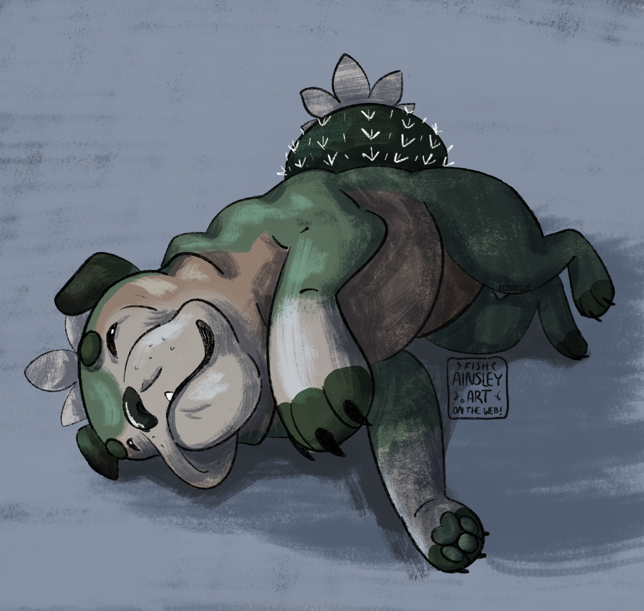  a drawing of a green bulldog with a barrel cactus for a tail and a flower on its head. Character owned by Rozu on amicabots.com.