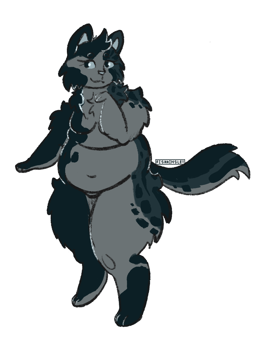 a drawing of a dark grey anthro cat with spot markings and long fur. she is chubby and smiling.
