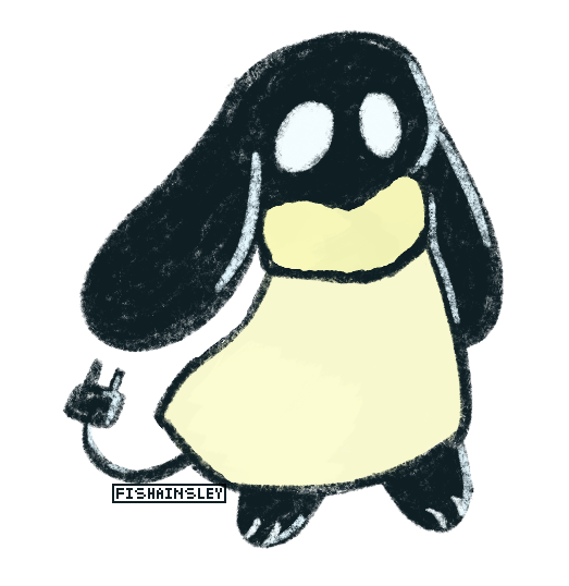 a drawing of a tiny rabbit creature. it is wearing a yellow sweater and has a power plug tail.