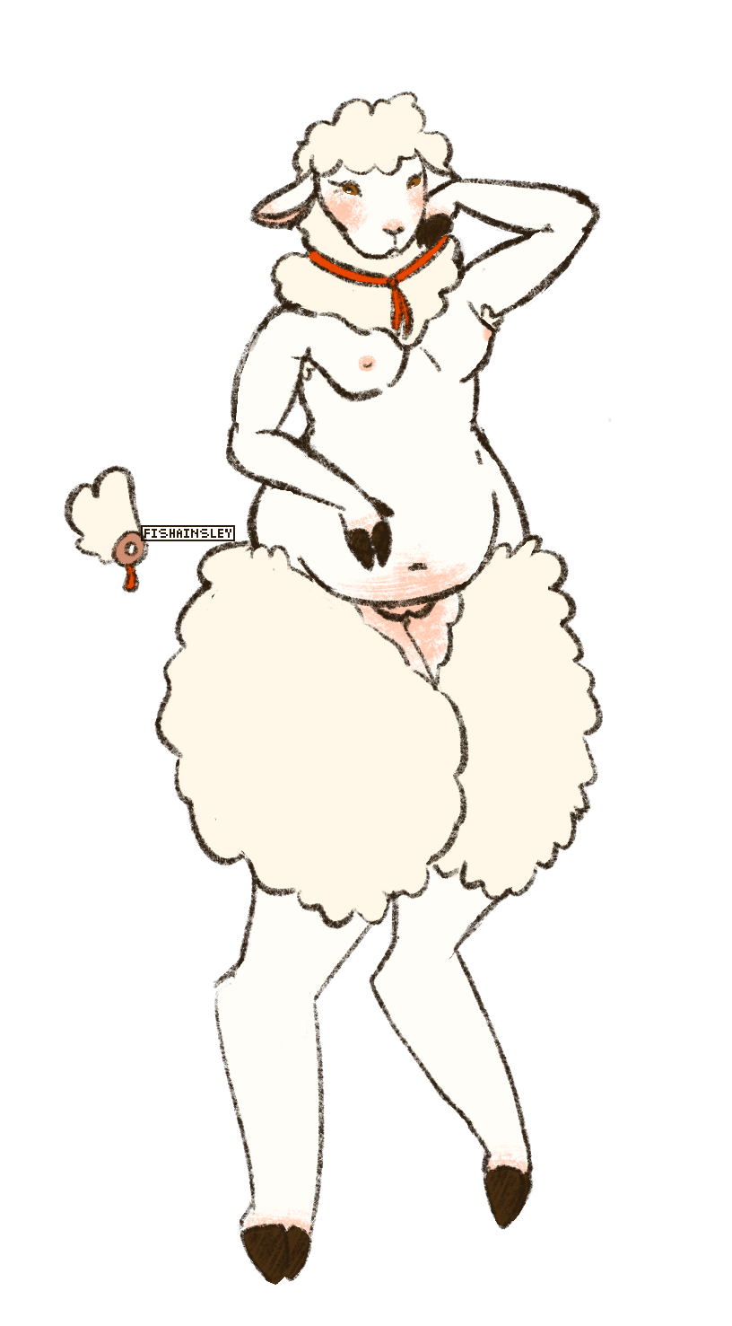 A drawing of a nude anthro sheep with a red ribbon tied around her neck.