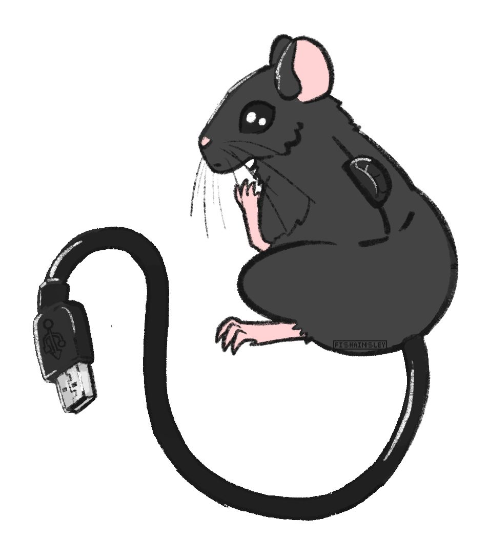A drawing of a grey mouse styles after a computer mouse, with a USB cord tail.