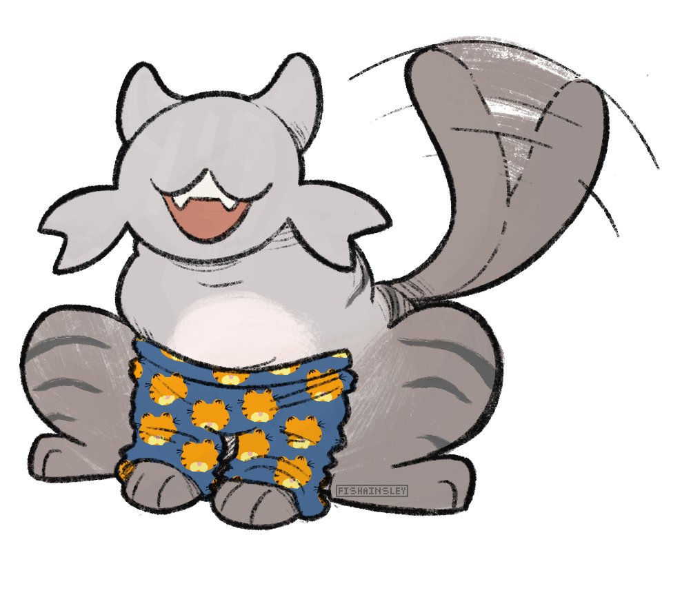 A drawing of a leech monster resembling a grey cat. The creature has a wide smile and is wearing Garfield patterned pajama pants on its front legs.