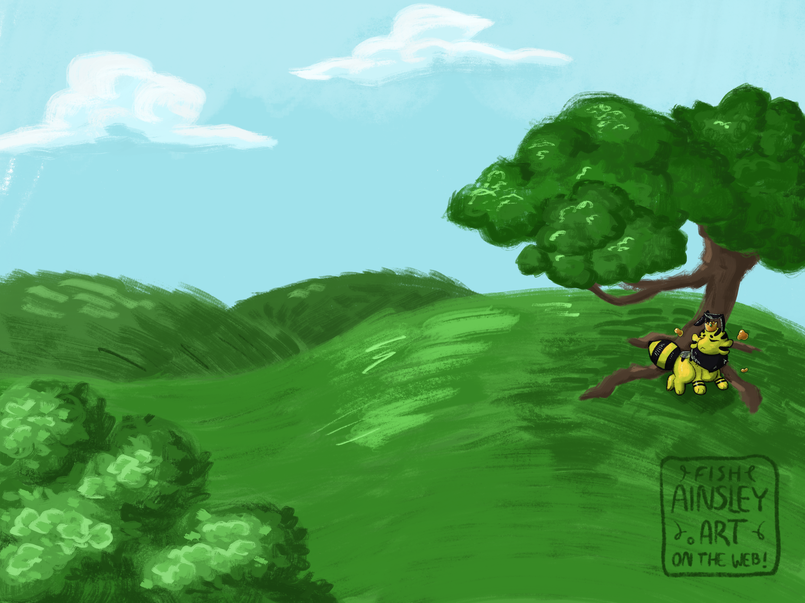 Queenie, a quadrupedal bee character, sitting under a shaded tree, enjoying a lovely view of a sunny day.