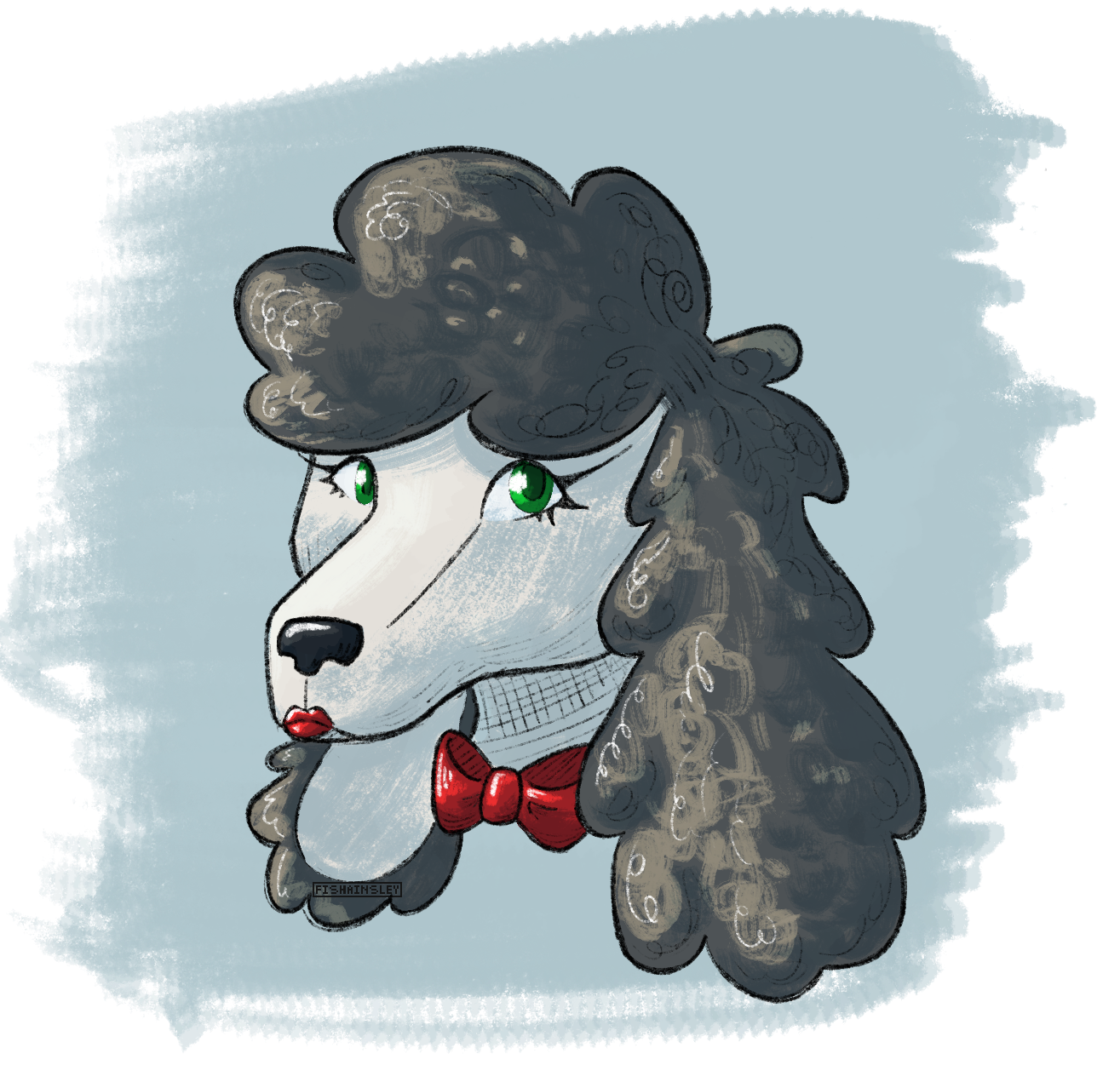 a headshot drawing of an anthropomorphic poodle. she has dark grey hair, red lipstick, and green eyes.