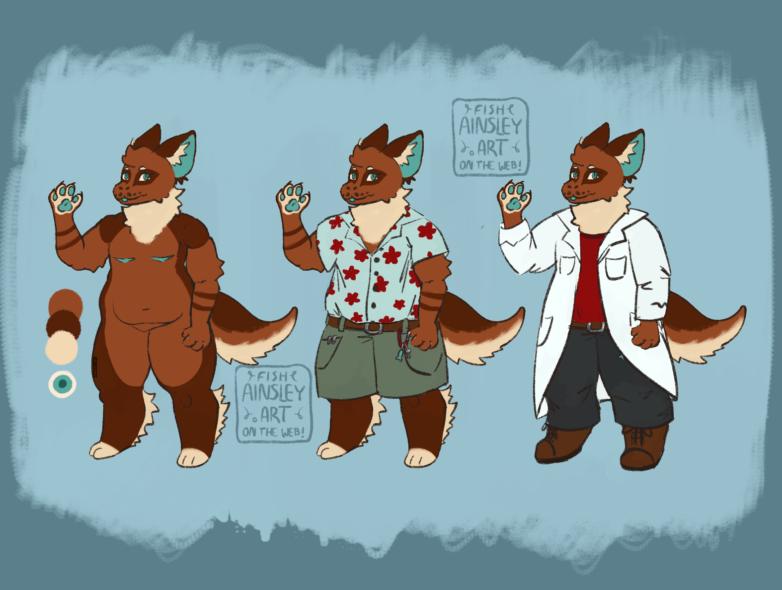 A reference image for Fisher, a Predecessor, an anthro species with snake-like snouts and large ears. This predecessor has a brown and blue color scheme. Two outfits are shown. In one, Fisher is wearing a lab coat. In the other, she is wearing a flower button-up shirt and cargo shorts.