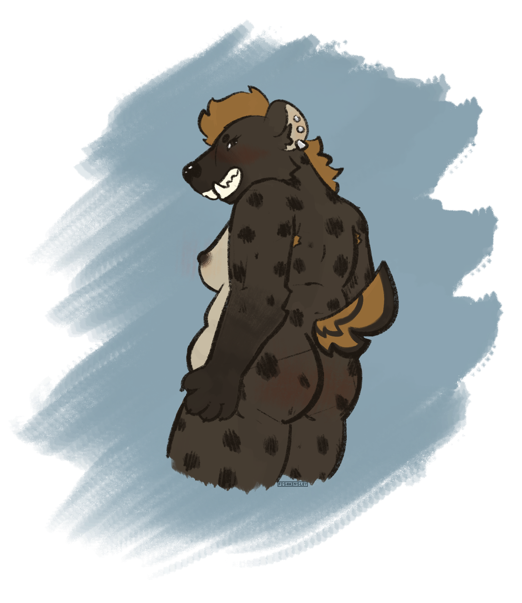  A drawing of a fat anthro spotted hyena. She is nude, viewed from behind at a three-quarters angle, so that her ass is visible as well as her stomach and left breast. She has a large, toothy grin and is blushing.