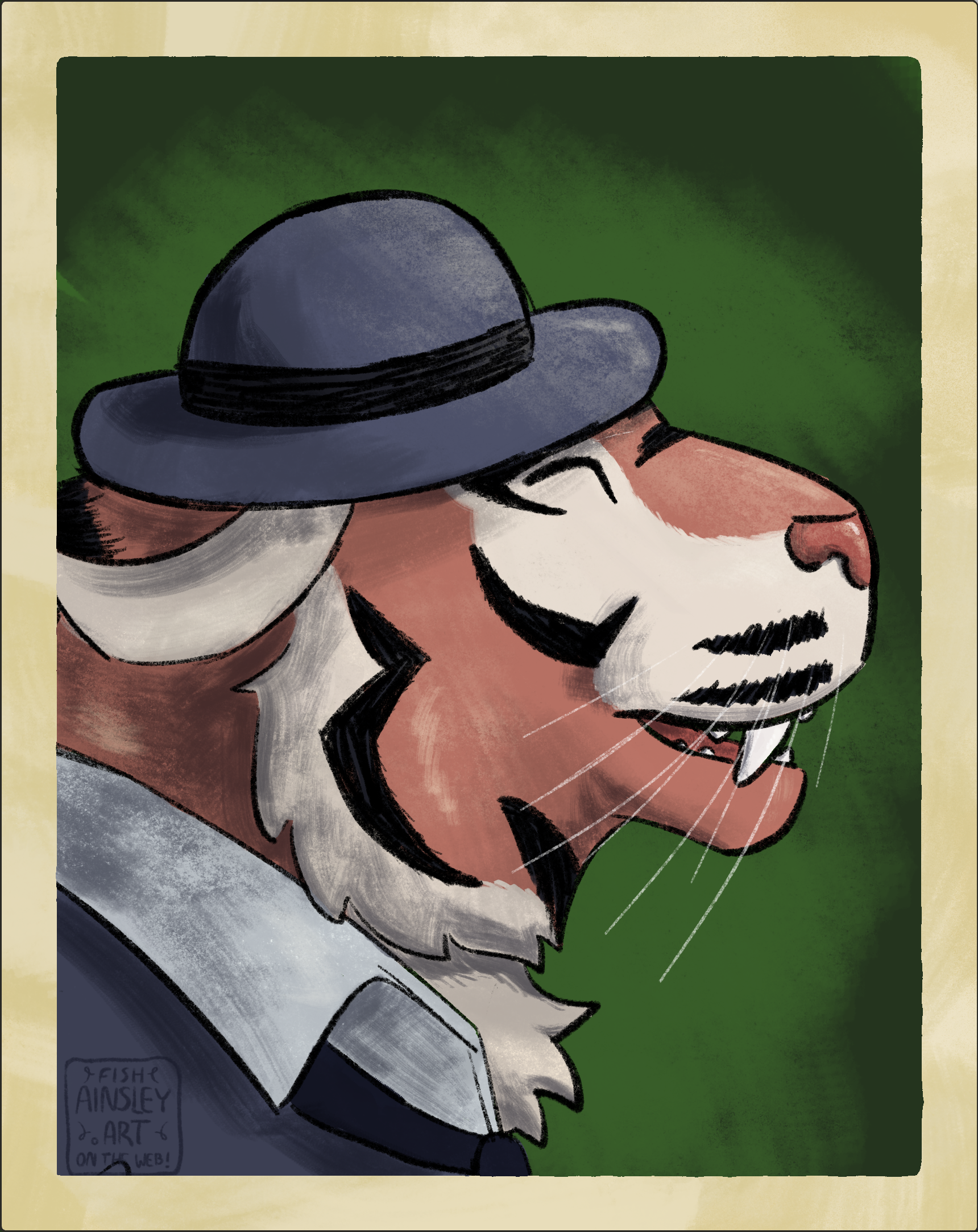  A drawing of a friendly looking tiger wearing a suit and bowler hat, viewed from the side. The drawing is styled after a Fallen London opportunity card.