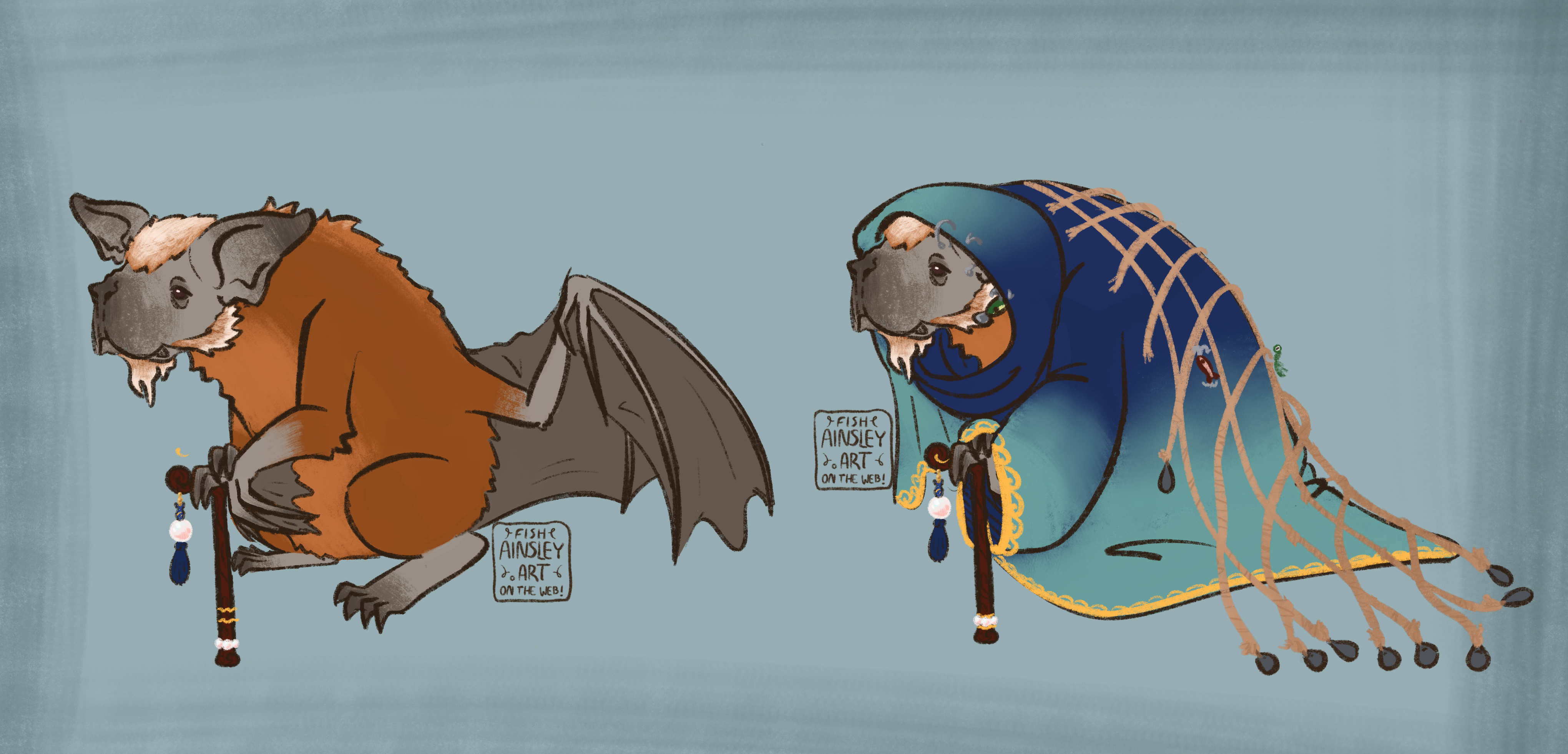 a reference sheet for an anthropomorphic Greater Bulldog Bat. One image shows the bat nude. It has short brown fur and grey skin on the face, limbs, and wings. The other image shows the bat dressed in a blue-teal gradient silk cape with gold accents. A fishing net is draped over the back and tackle is hanging fron the net and the silk. In both images, it is using a mahogany cane with gold, pearl, and lapis lazuli accents.