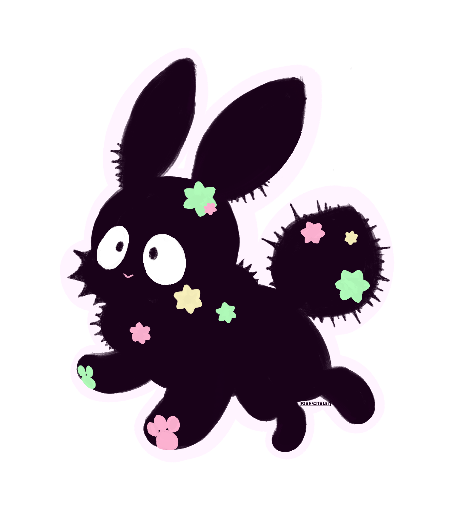 a black figure with a canine silhouette, wide eyes, and colorful konpieto accents