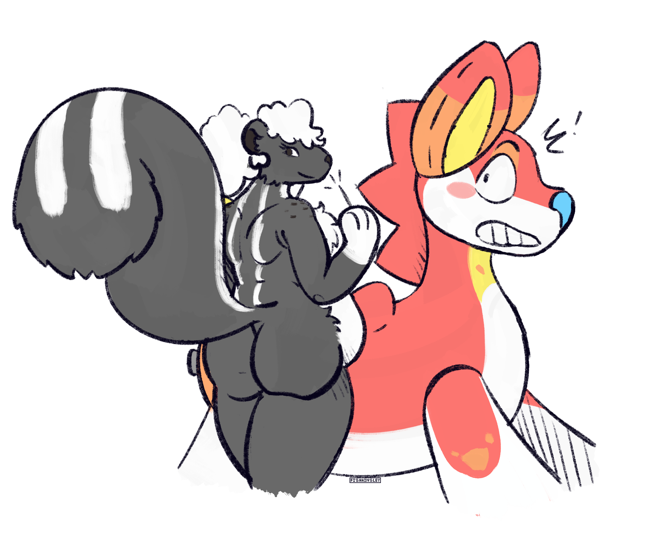 A drawing of a voluptuous skunk holding a needle while a pooltoy dog looks on anxiously.