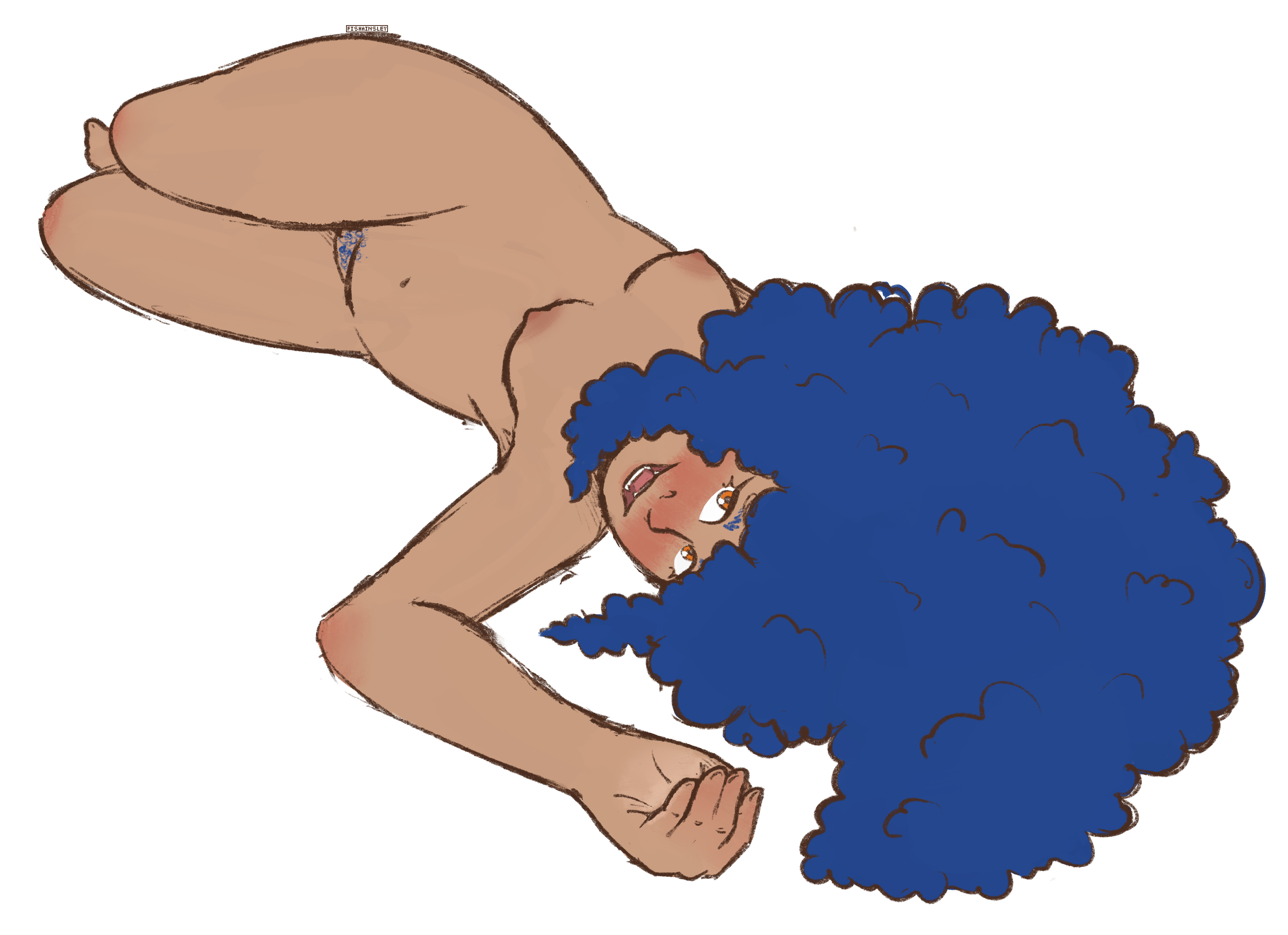 A drawing of a young vampire woman with curly blue hair lying on her back nude.