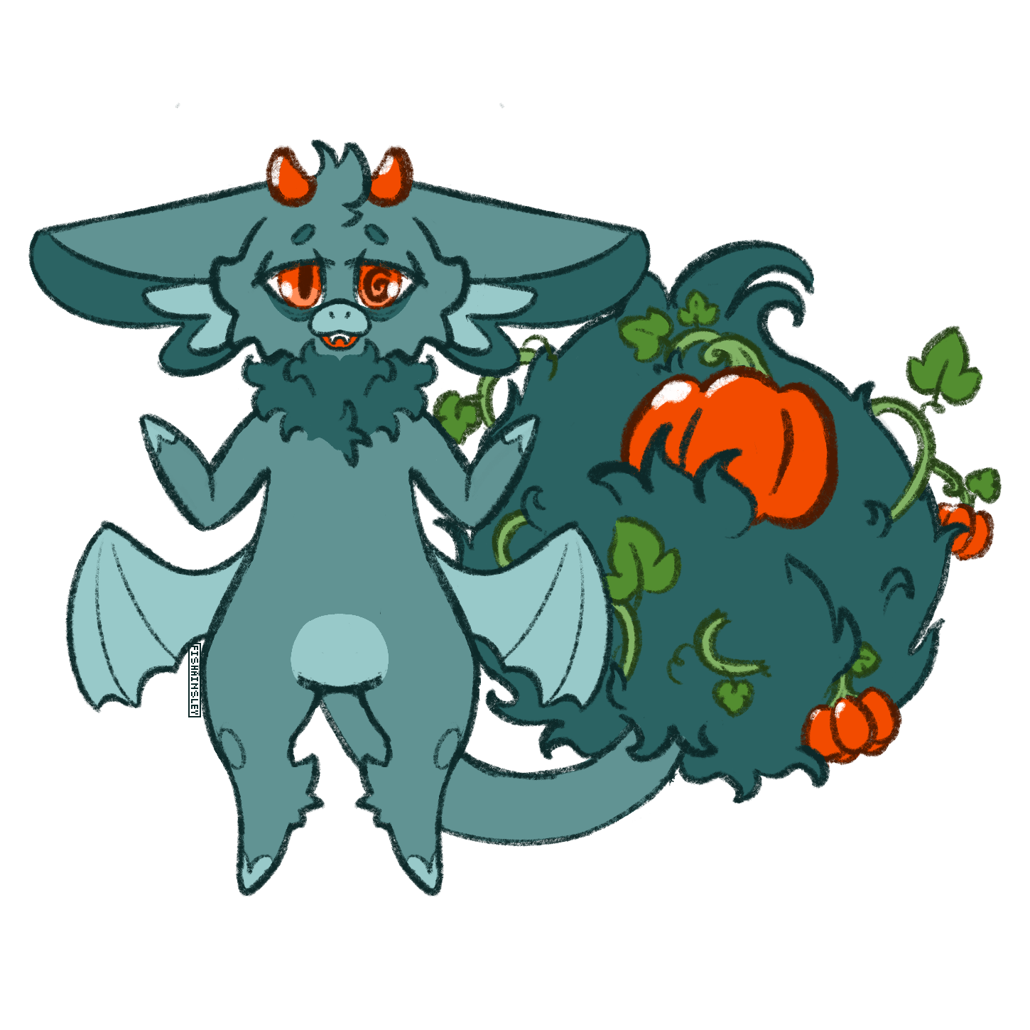 A drawing of a grey-blue fruit bloom (chibi anthro dragon with large fluffy tail) with red-orange eyes and horns. Red pumpkins grow from the tail bloom.