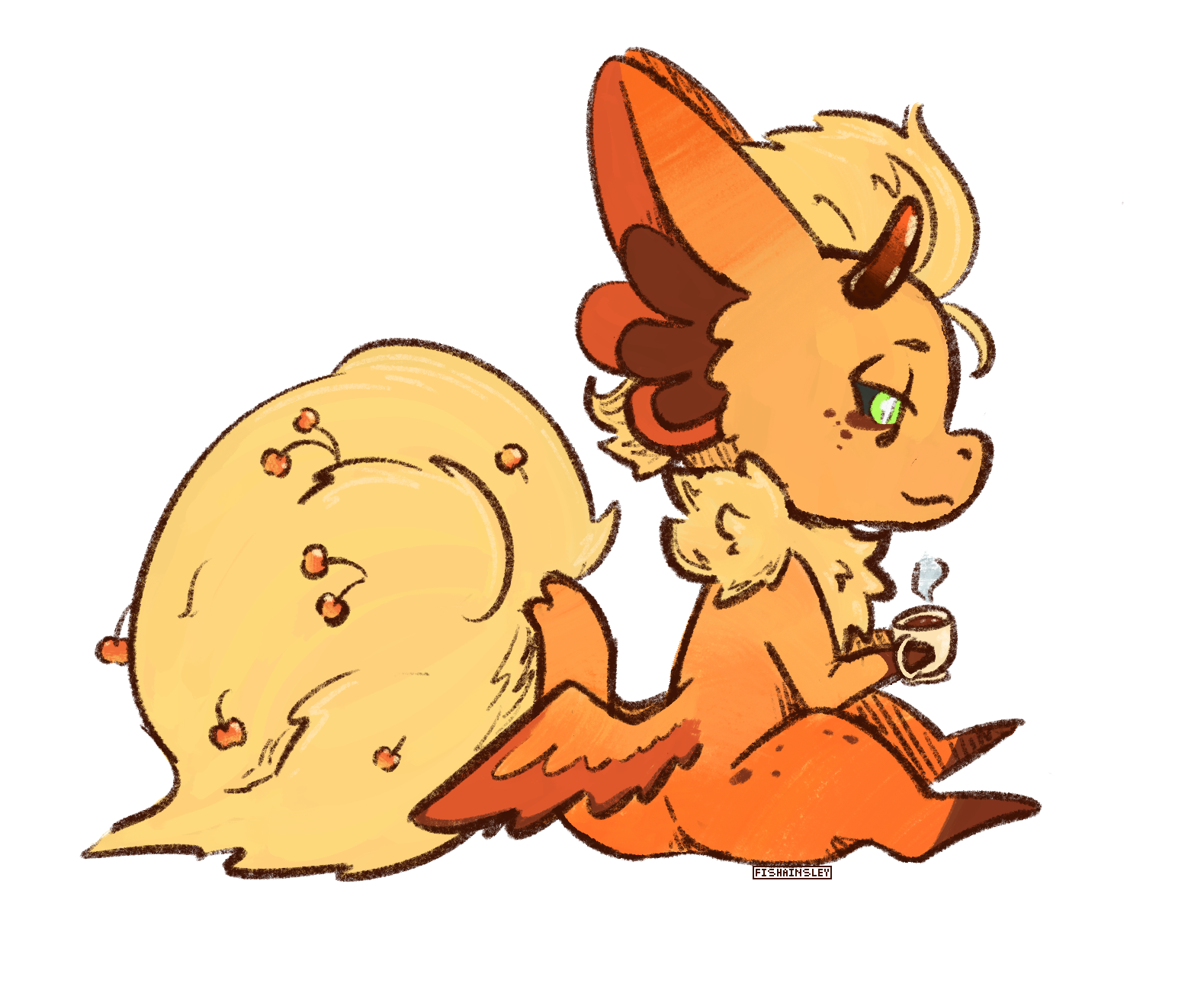 A drawing of an orange fruit bloom holding a cup of a warm drink.