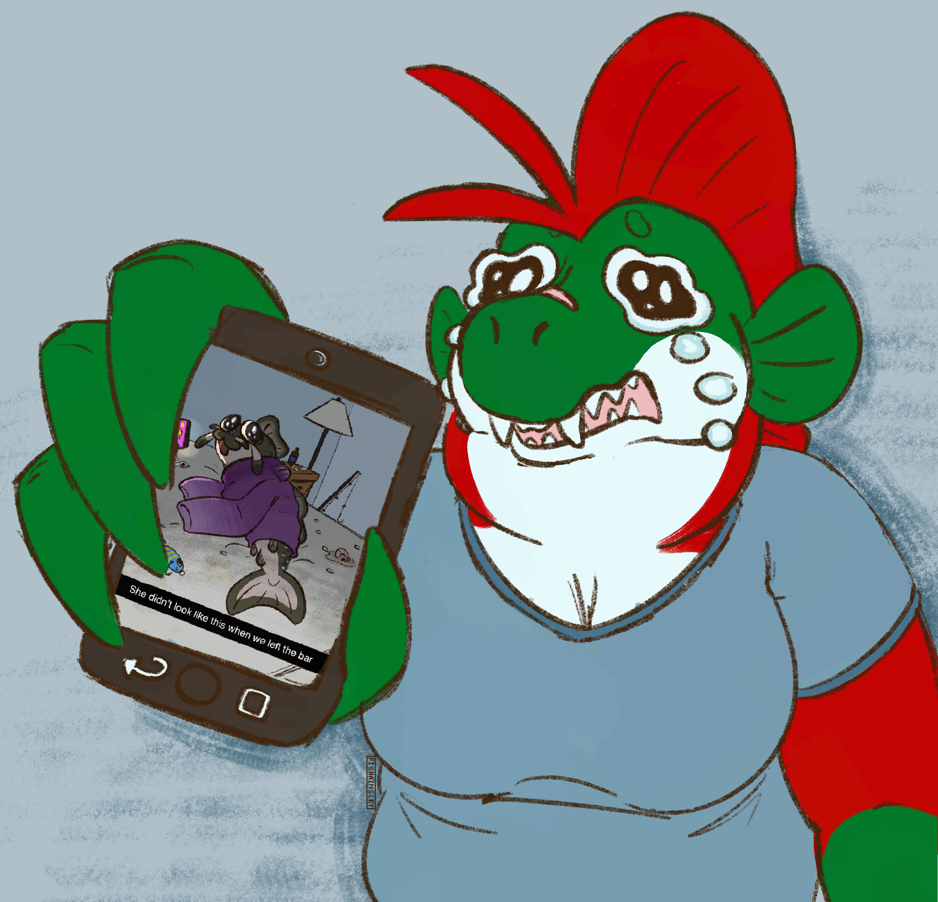 a drawing of an anthro salmon looking upset and showing her phone to the viewer. Shown on her phone is a drawover of a meme showing a feral fish wearing a sweater lying on a bed with a caption “She didn’t look like this when we left the bar” 