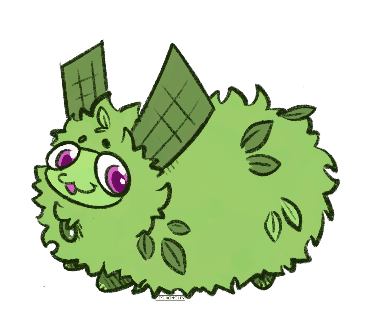 A drawing of a green fluffy robot