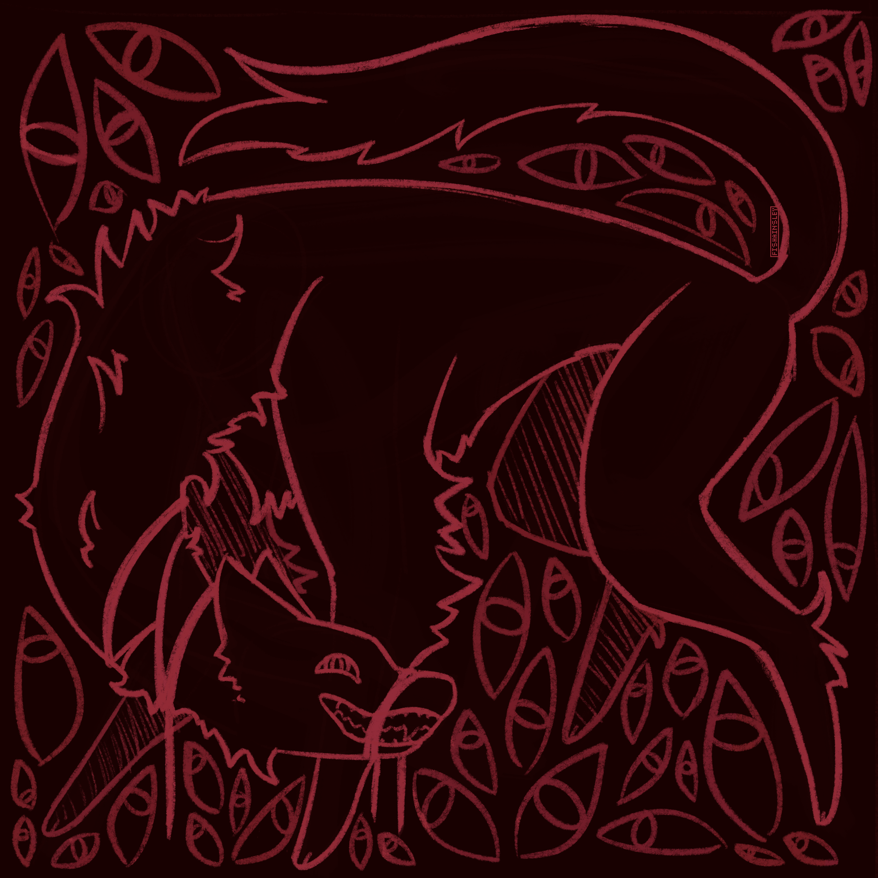 A red-on-black drawing of an uncanny sighthound dog, surrounded with many disembodied eyes.