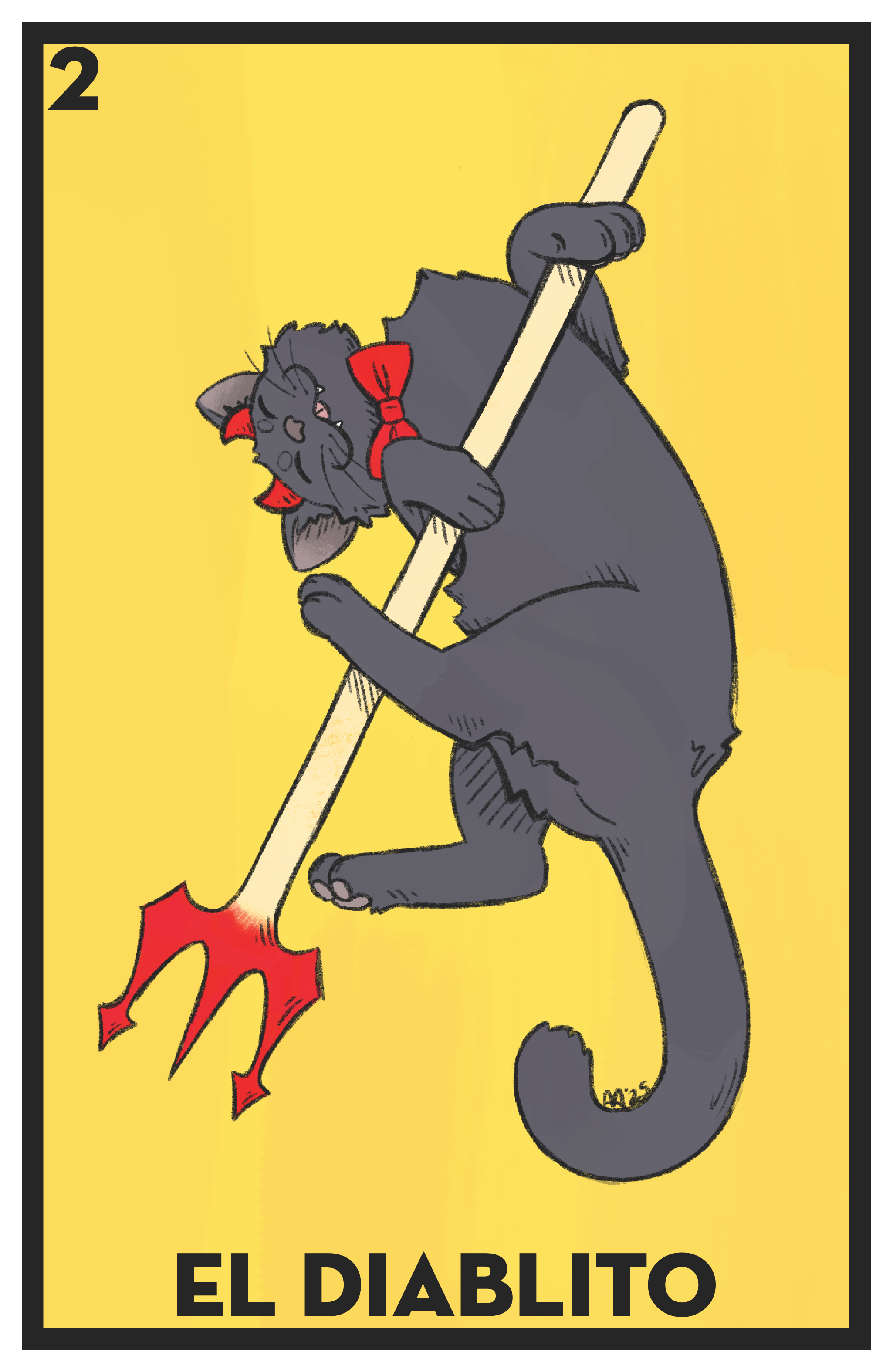 A drawing of an adorable grey cat lying on his back, relaxed. The cat has devil horns, a bow tie, and a pitchfork. The cat is on a yellow backdrop with a black border. The number 2 is in the top left corner and the phrase “el diablito” is center bottom.