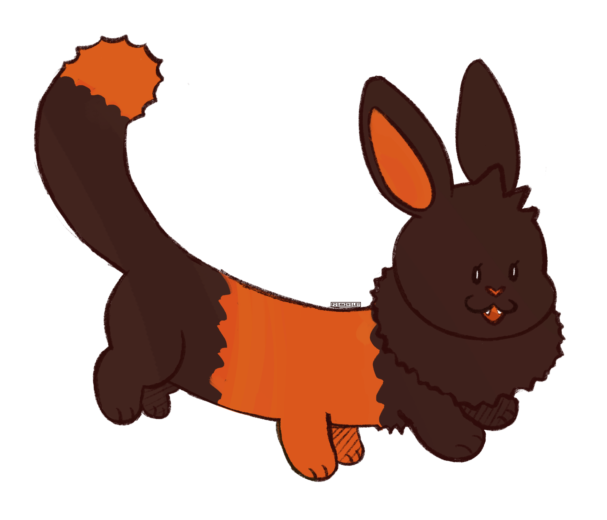 A drawing of a 6-legged eevee with the red and black coloration of a woolly worm caterpillar