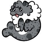 a fluffy seal-like creature with a grey spotted pattern and goofy grin.