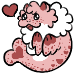 a fluffy seal-like creature with a pink heart spotted pattern and goofy grin.