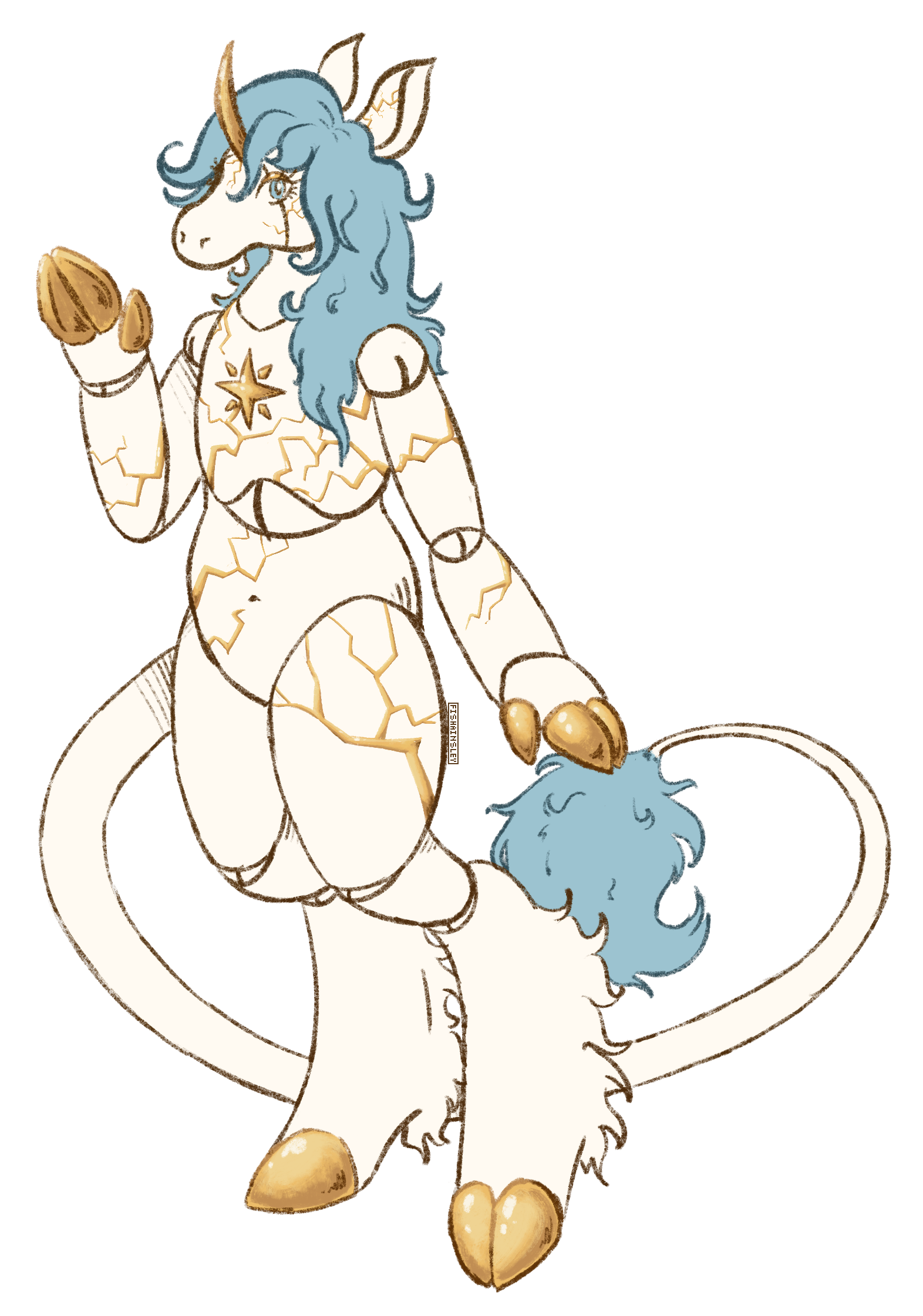 a cream colored robotic anthro unicorn with a blue mane and gold kintsugi markings.
