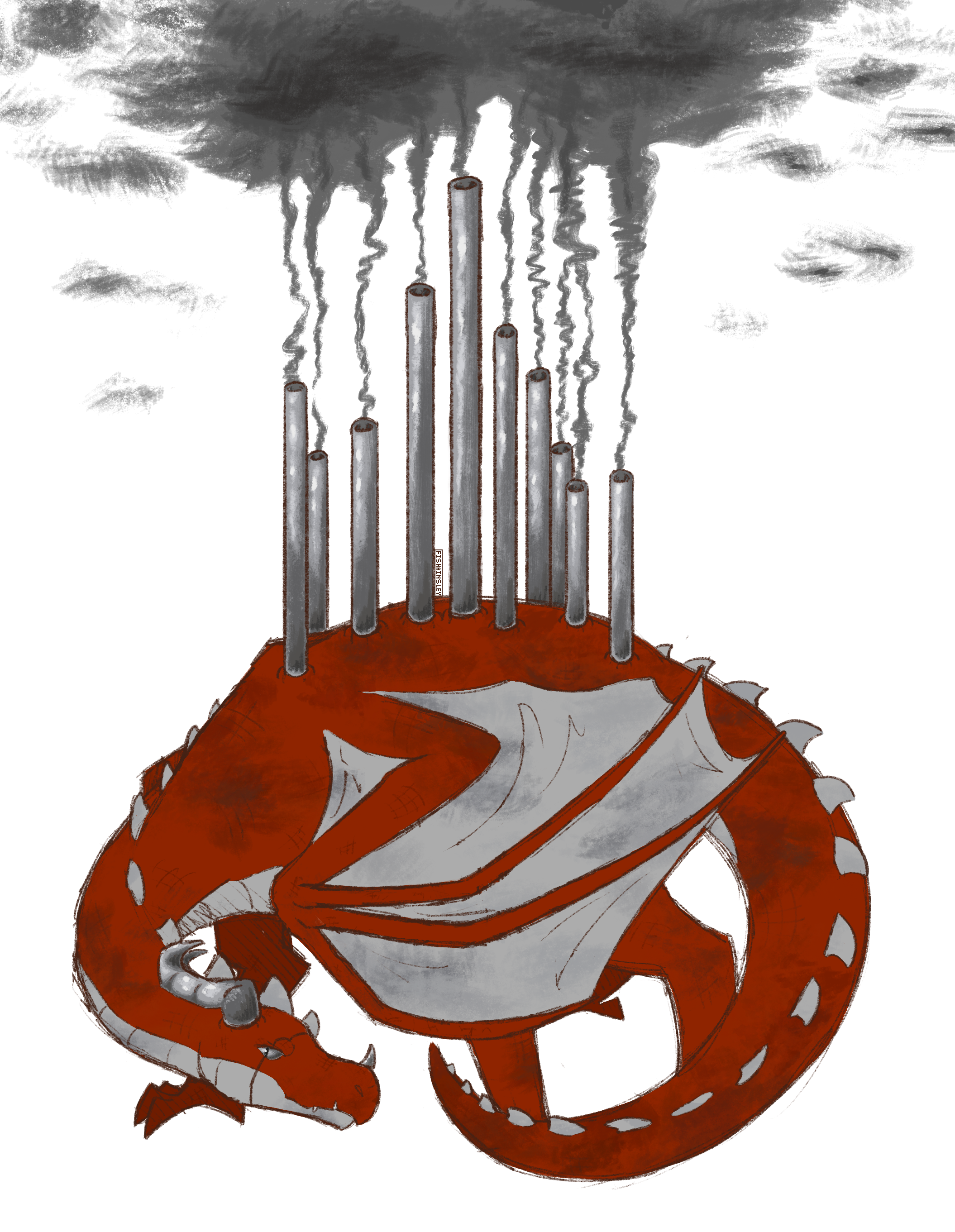 A red robotic dragon with smokestacks on its back