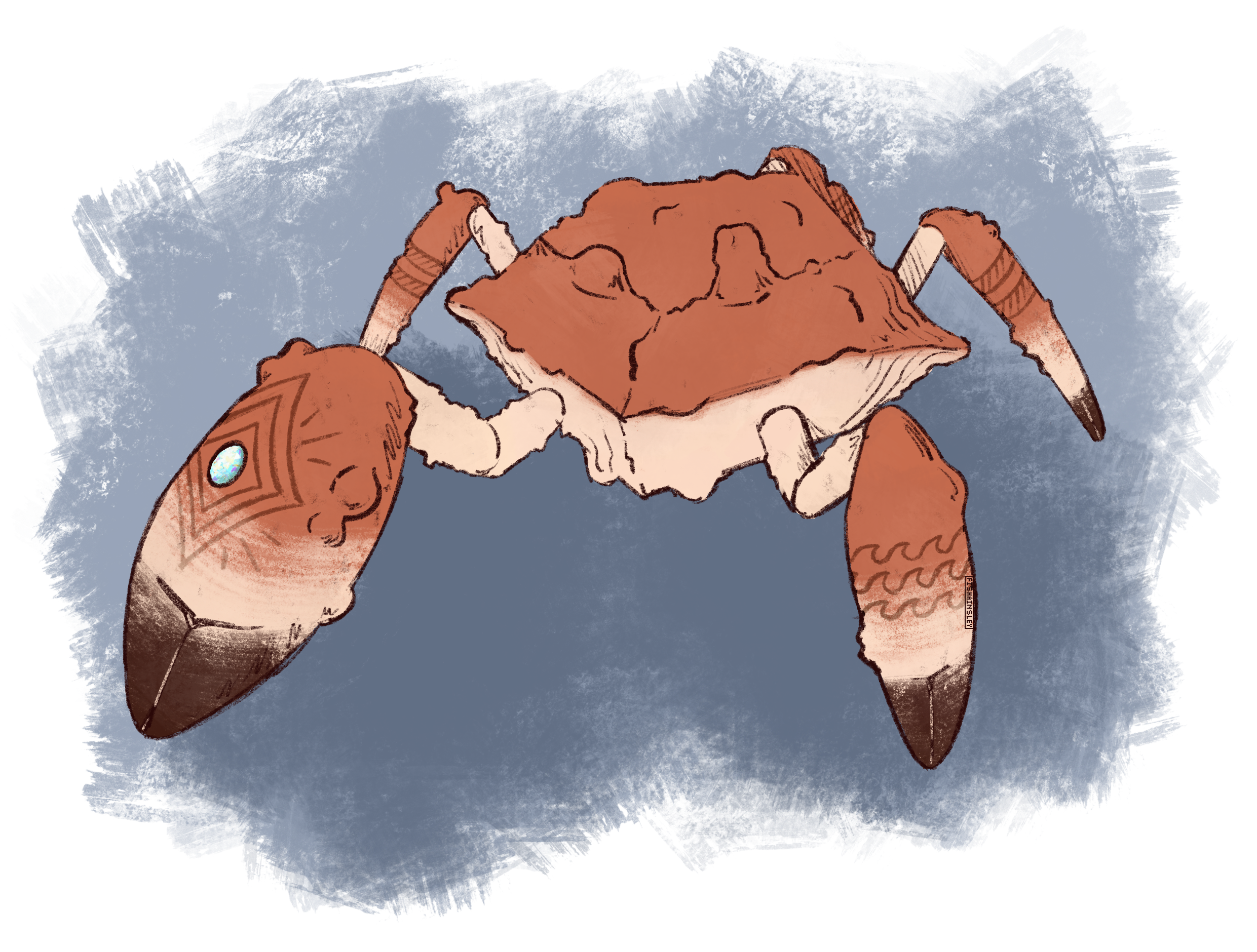 A drawing of Carcinization, a pentaradially symmetric alien creature that appears to be made of rock with arthropod legs. Carcinization vaguely resembles a crab, having two legs that are larger than the other three, and coloration akin to a stone crab. They have various designs etched into her carapace, and an opal stone embedded into the largest.