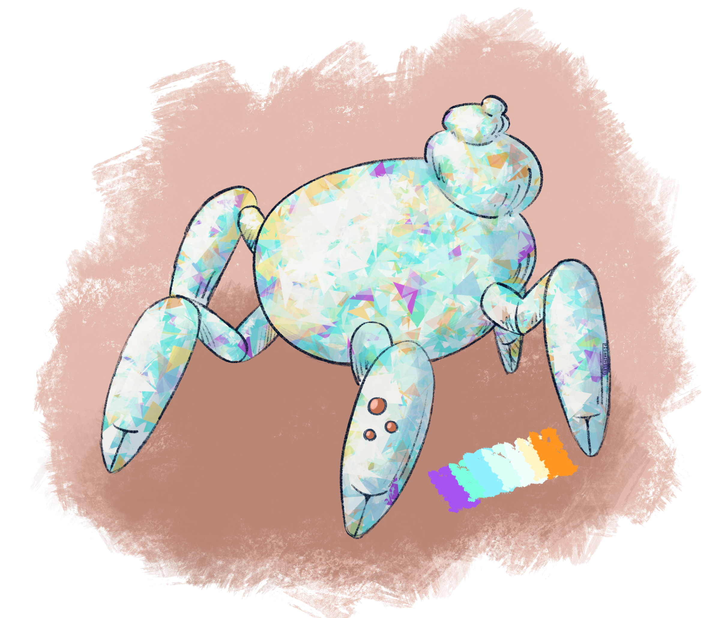 a drawing of Bubbles, a pentaradially symmetrical alien with arthropod like legs. Bubbles has an opalline texture and round shapes. Three coral colored beads are embedded in one arm.