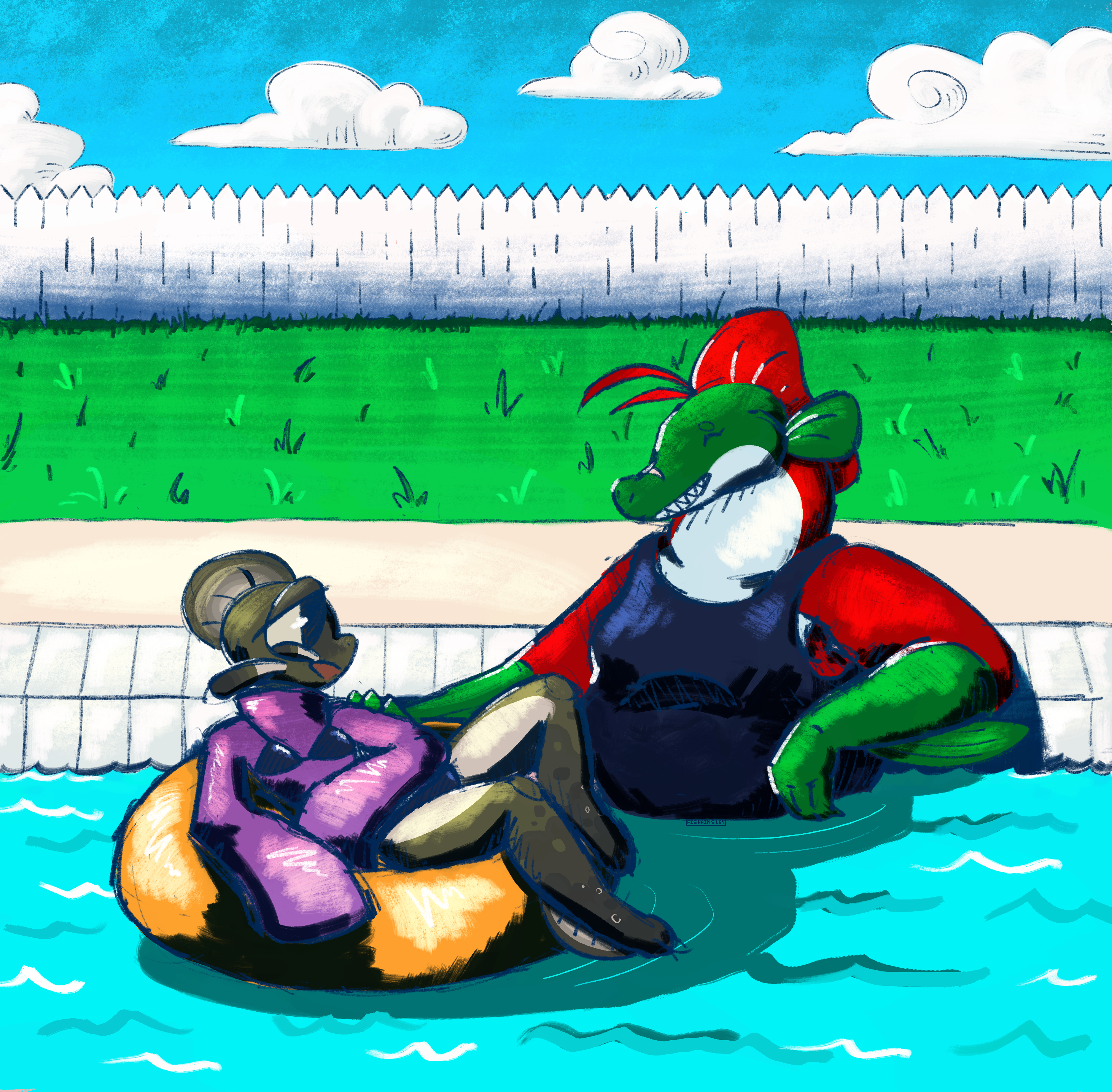 a bright, saturated drawing of two fish women hanging out in a swimming pool. A tall, fat salmon is wearing a tank top and leaning on the edge. A smaller catfish is wearing a bikini over a purple sweater. The two look at each other lovingly.