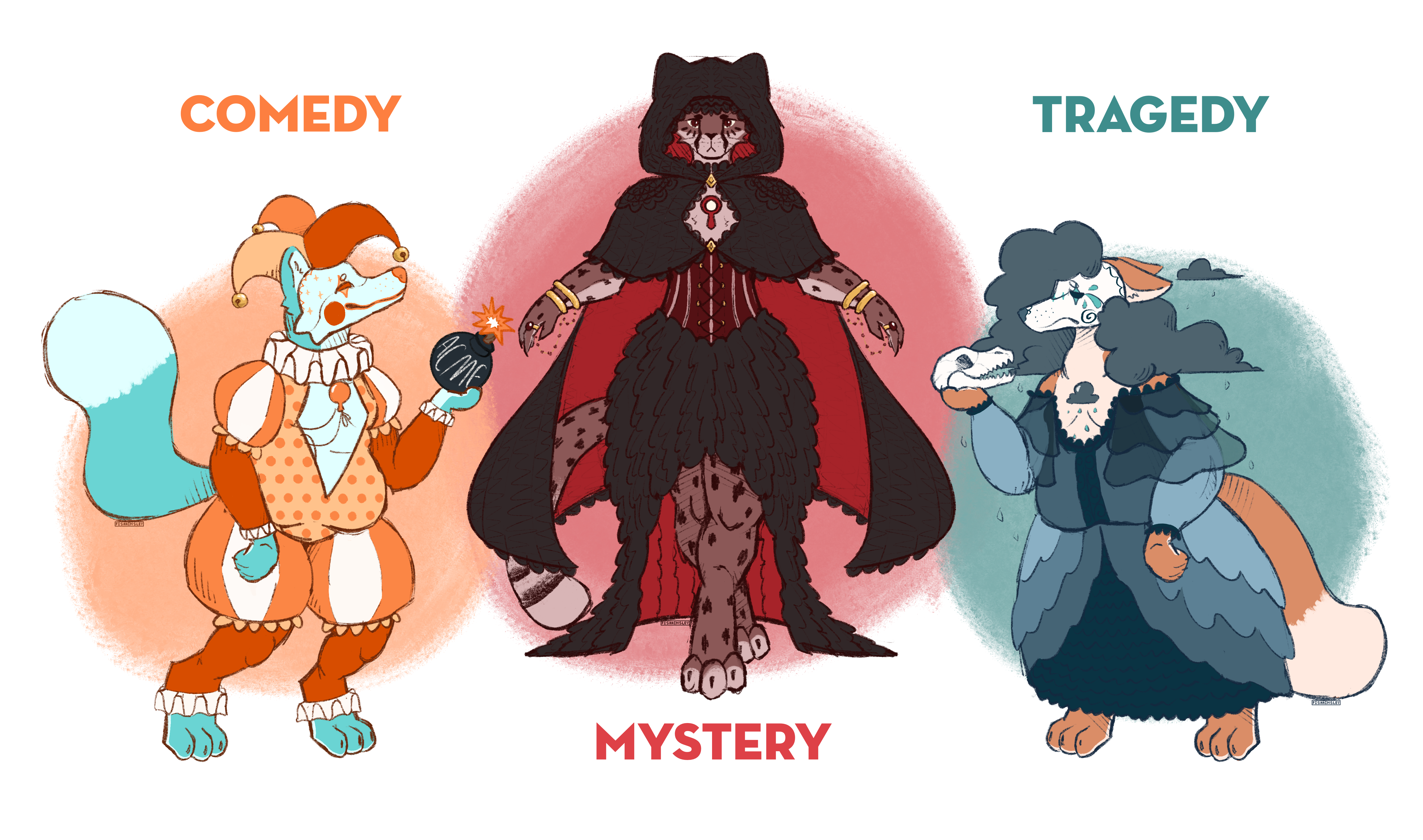 Three amicabots adopts. The leftmost is an orange-clad blue jester fox holding a cartoon bomb. The middle is a cloaked and bejeweled cheetah. The third is an orange fox wearing a blue dress and holding a skull.
