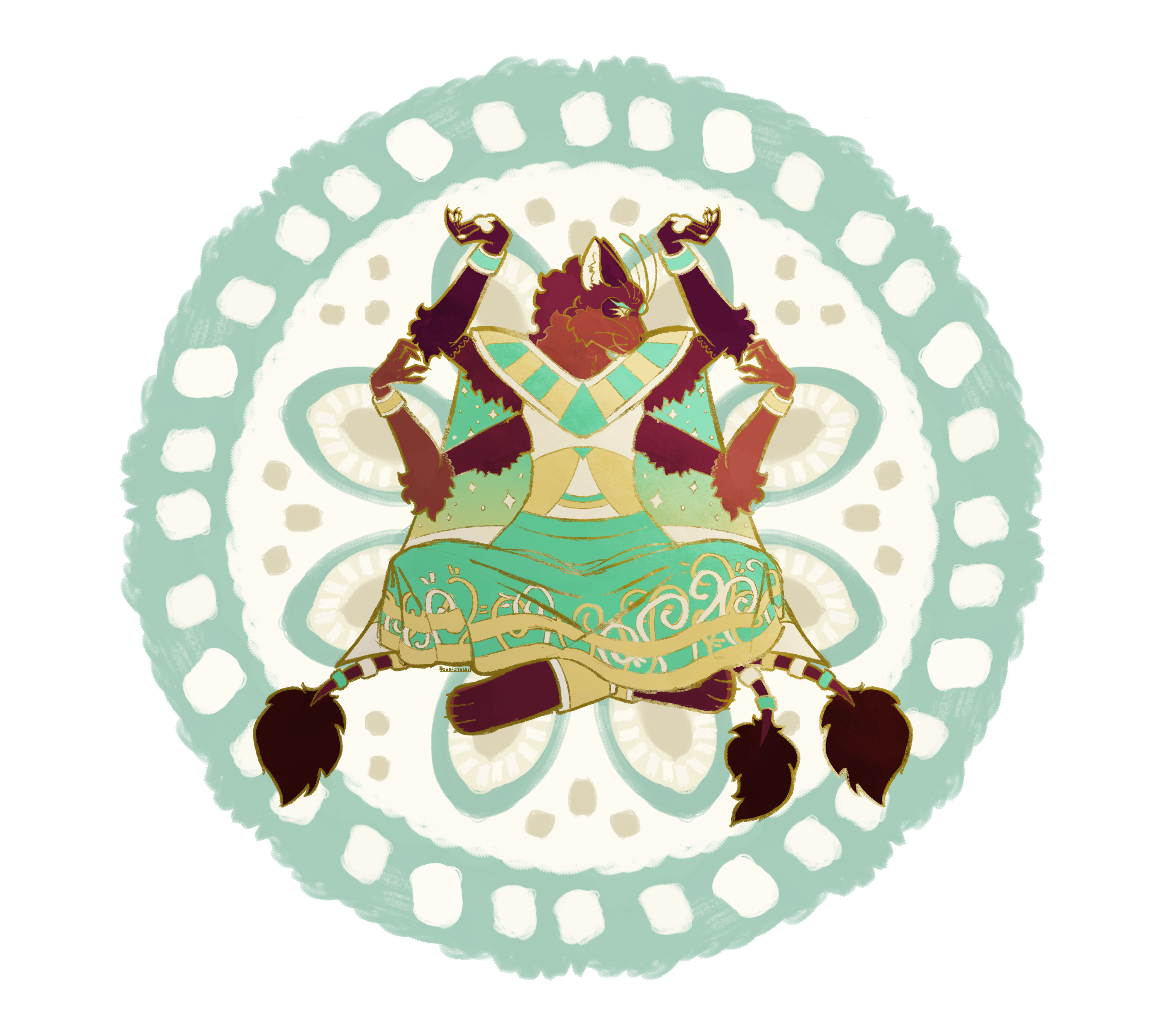 A drawing of a four armed cat goddess sitting cross-legged.