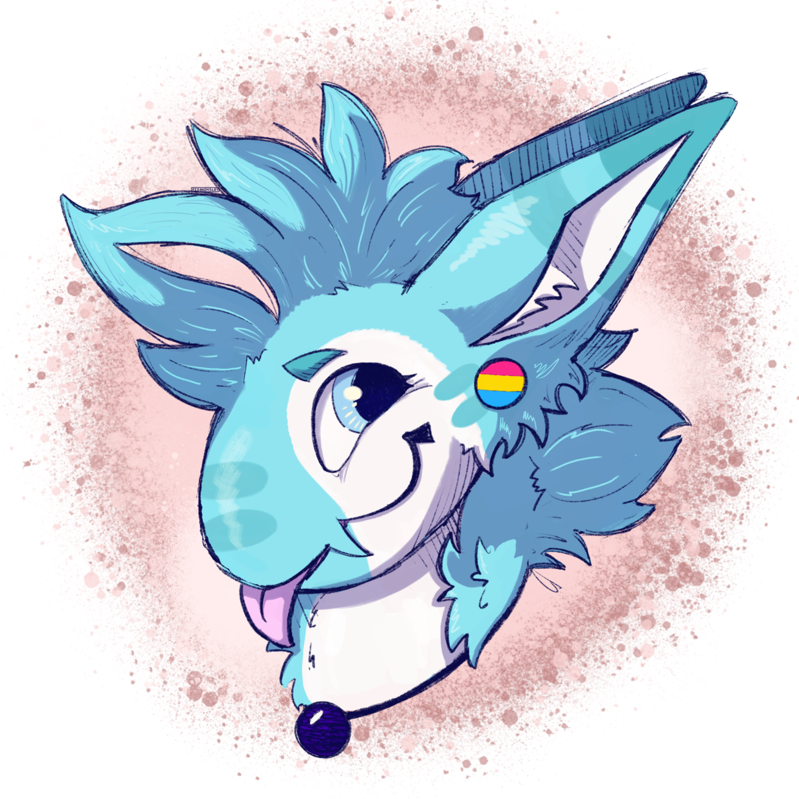 A portrait of a blue anthro of ambiguous species, most akin to perhaps a fluffy dinosaur with hare ears. they have a cheeky, playful expression.
