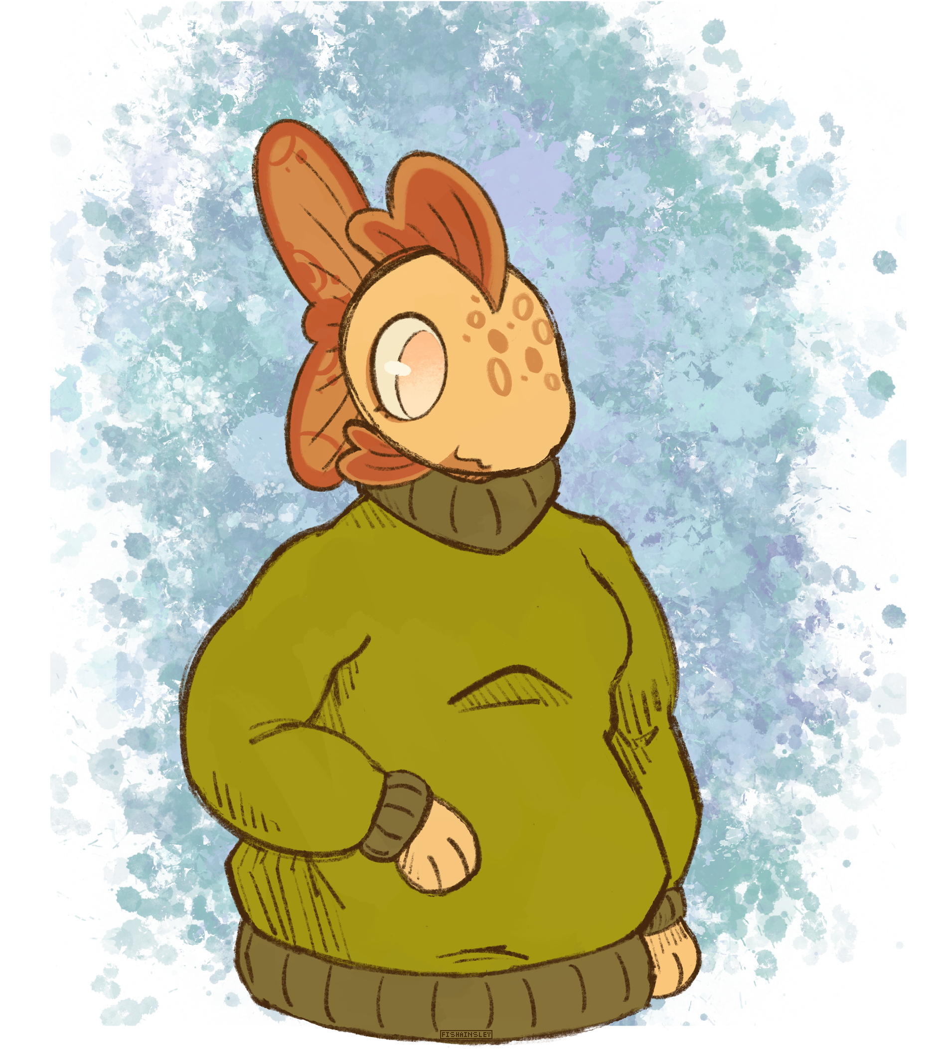 a drawing of an anthro fish in a sweater